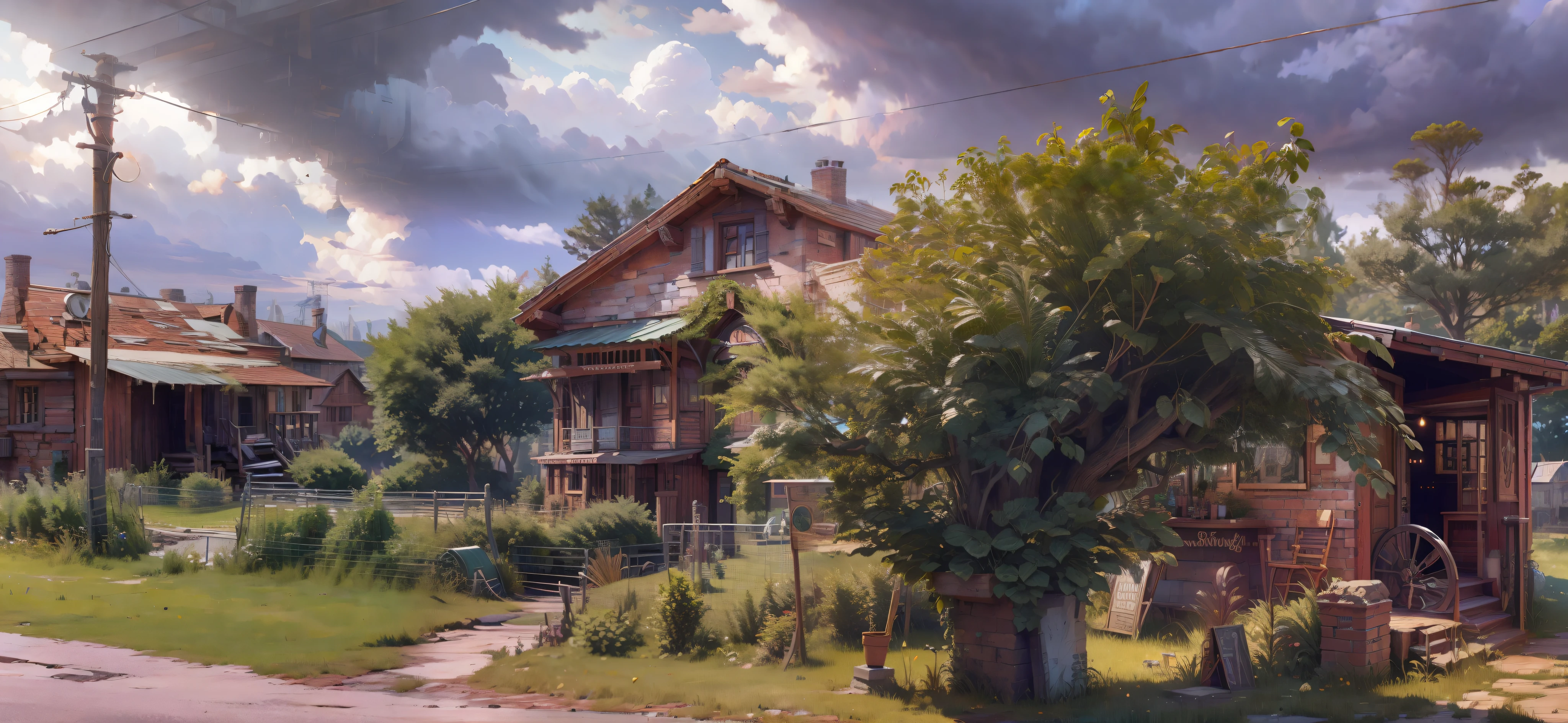 Rustic brick house, mesh fence, high intricate details, high detailed