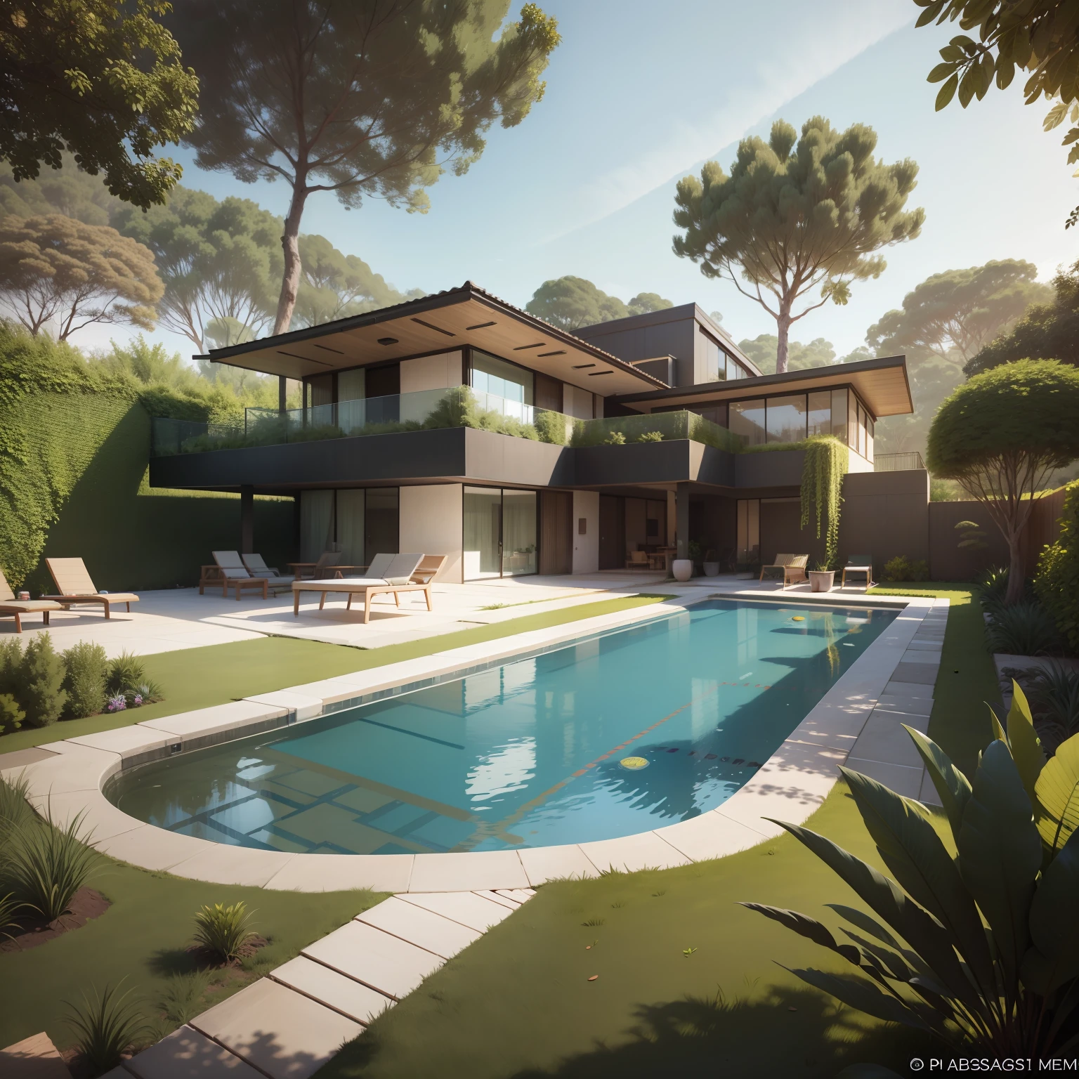 Organic modern architecture in an organized plot, Terreno bastante grande, terreno paisagem, pradaria com arvores , There is a swimming pool in the middle of a large one-story house, cor da casa em vigas marrom chocolate e preto, large modern residence, telhados planos e jardim, render luxcore, renderizar oktane, a photorealistic rendering, architectural render, mantra rendering, architectural render, realism rendering, architectural visualisation, piscina de bem-estar, architectural visualisation,  Large green areas, com pequenas zonas de flores de lavanda, arbustos verdes tipo exuberante jardim verde, as well as small water mirrors, swimming pool embedded in an area of sand, oliveiras e pinheiros ao redor da casa, 8k ultra-realista, muito detalhe