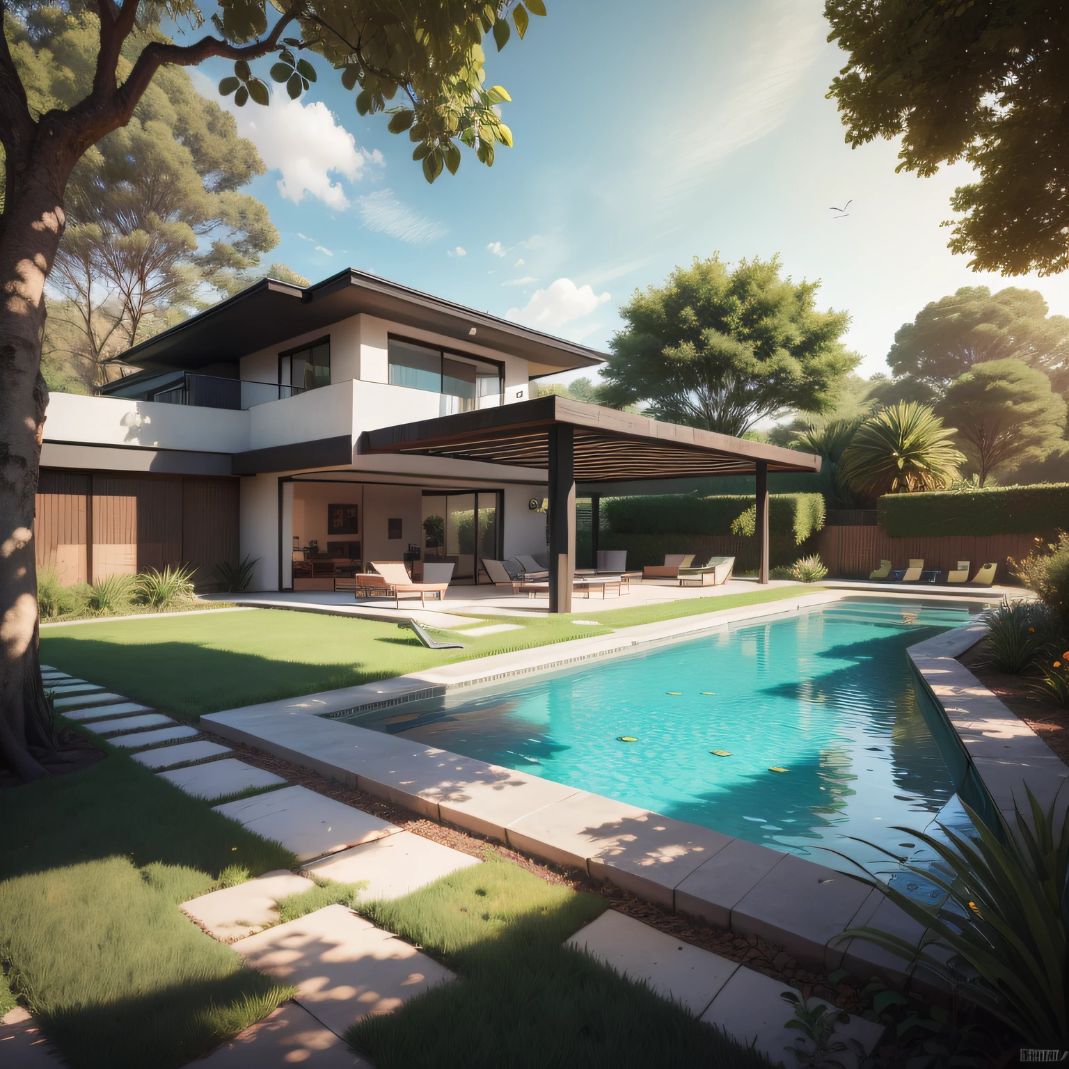 Organic modern architecture in an organized plot, Terreno bastante grande, terreno paisagem, pradaria com arvores , There is a swimming pool in the middle of a large one-story house, cor da casa em vigas marrom chocolate e preto, large modern residence, telhados planos e jardim, render luxcore, renderizar oktane, a photorealistic rendering, architectural render, mantra rendering, architectural render, realism rendering, architectural visualisation, piscina de bem-estar, architectural visualisation,  Large green areas, com pequenas zonas de flores de lavanda, arbustos verdes tipo exuberante jardim verde, as well as small water mirrors, swimming pool embedded in an area of sand, oliveiras e pinheiros ao redor da casa, 8k ultra-realista, muito detalhe