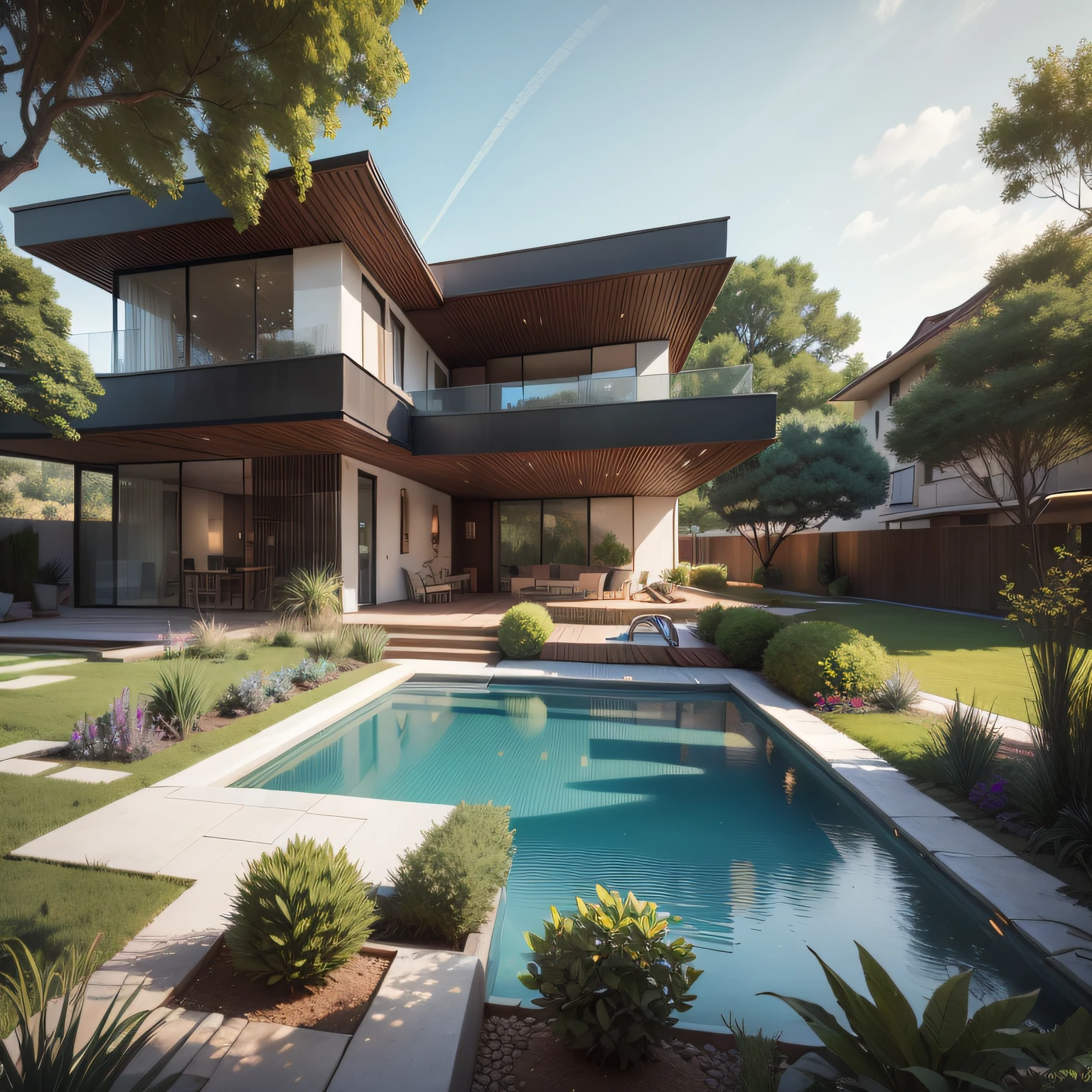 Organic modern architecture in an organized plot, Terreno bastante grande, terreno paisagem, pradaria com arvores , There is a swimming pool in the middle of a large one-story house, cor da casa em vigas marrom chocolate e preto, large modern residence, telhados planos e jardim, render luxcore, renderizar oktane, a photorealistic rendering, architectural render, mantra rendering, architectural render, realism rendering, architectural visualisation, piscina de bem-estar, architectural visualisation, Large green areas, com pequenas zonas de flores de lavanda, arbustos verdes tipo exuberante jardim verde, as well as small water mirrors, swimming pool embedded in an area of sand, oliveiras e pinheiros ao redor da casa, 8k ultra-realista, muito detalhe