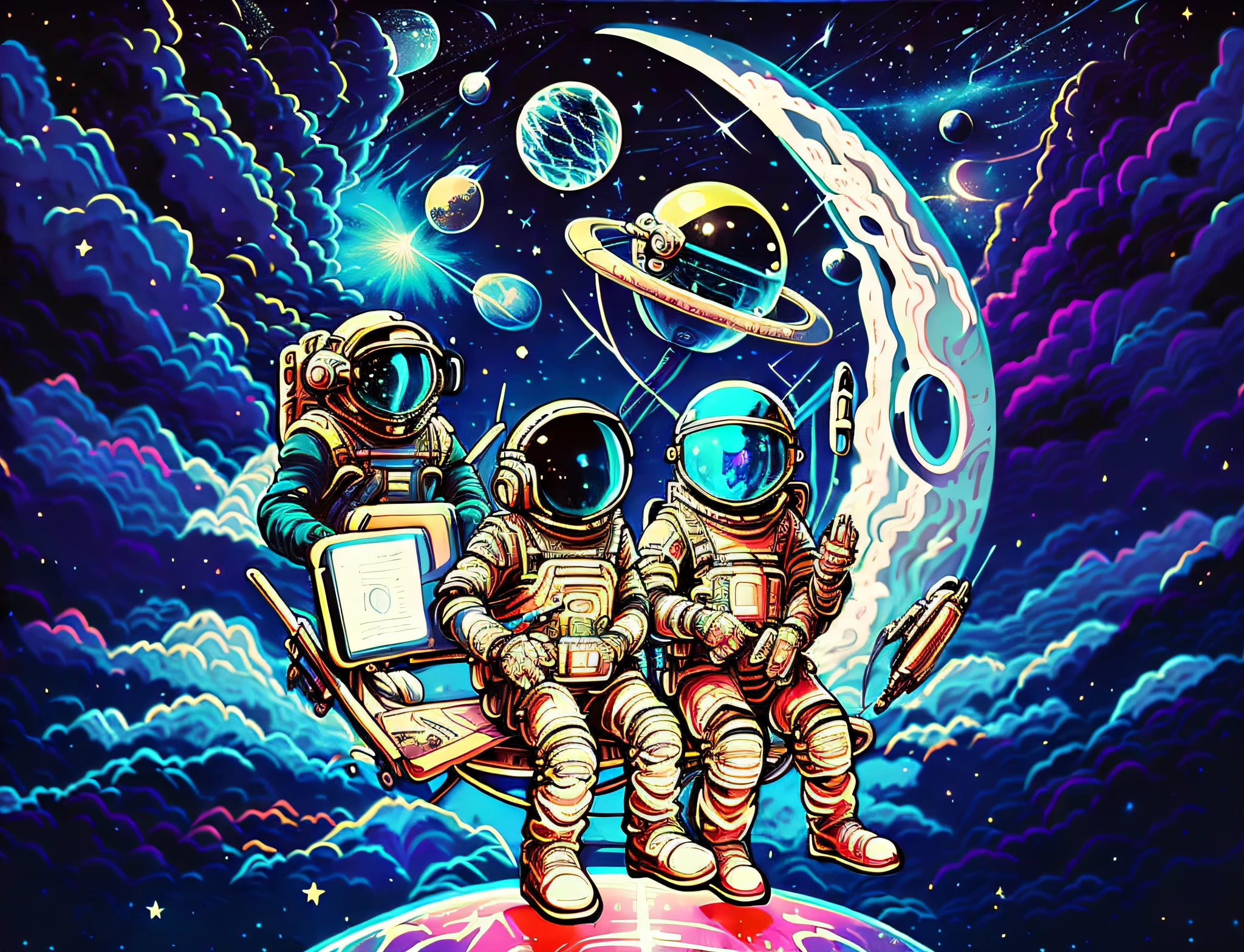 Illustration of two astronauts sitting on a planet with laptop, The astronaut, Space travelling, In space, outerspace, cosmic space, small astronauts, space dream, space, in the space, In outer space, Unknown space, space theme, Psychopathic Man Universe, space themed, Surreal space, space colors, Out of this world, Space travelling, in deep space