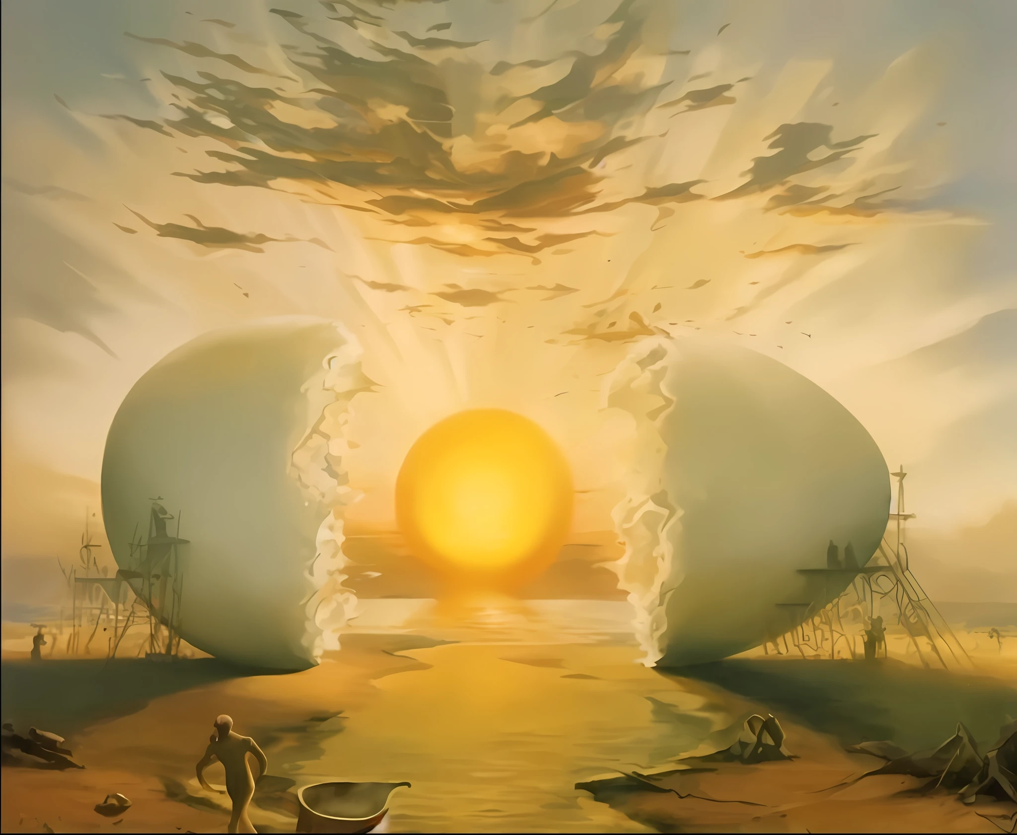 Draw a huge egg，In the background is a huge sun, author：Dali, Art style Zzysław Beksinski, Zdzislaw Beksinski, author：Conrad Krafick, Zdzislaw Beksinski, Bonnestle, Yaček Yerka and Vladimir Kush