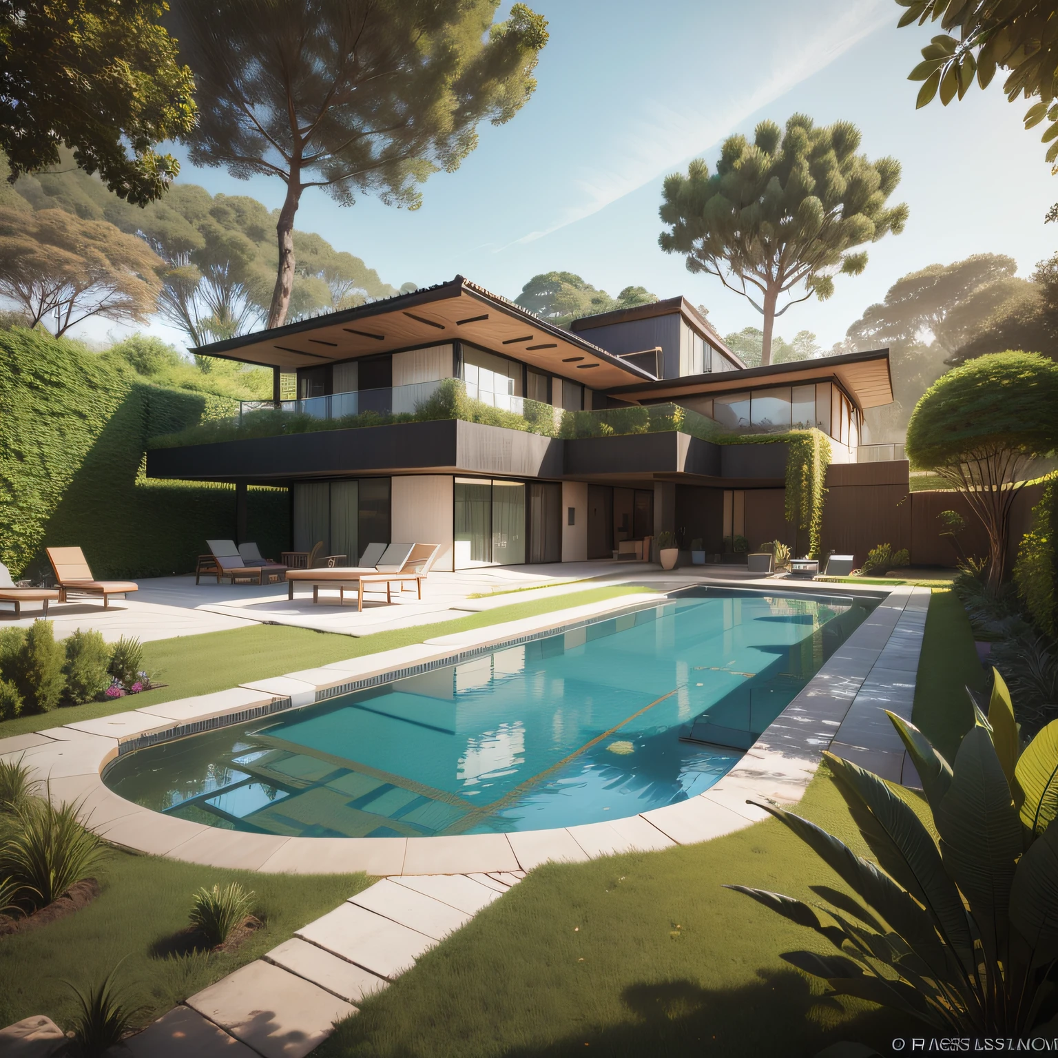 Organic modern architecture in an organized plot, Terreno bastante grande, terreno paisagem, pradaria com arvores , There is a swimming pool in the middle of a large one-story house, cor da casa em vigas marrom chocolate e preto, large modern residence, telhados planos e jardim, render luxcore, renderizar oktane, a photorealistic rendering, architectural render, mantra rendering, architectural render, realism rendering, architectural visualisation, piscina de bem-estar, architectural visualisation, Large green areas, com pequenas zonas de flores de lavanda, arbustos verdes tipo exuberante jardim verde, as well as small water mirrors, swimming pool embedded in an area of sand, oliveiras e pinheiros ao redor da casa, 8k ultra-realista, muito detalhe