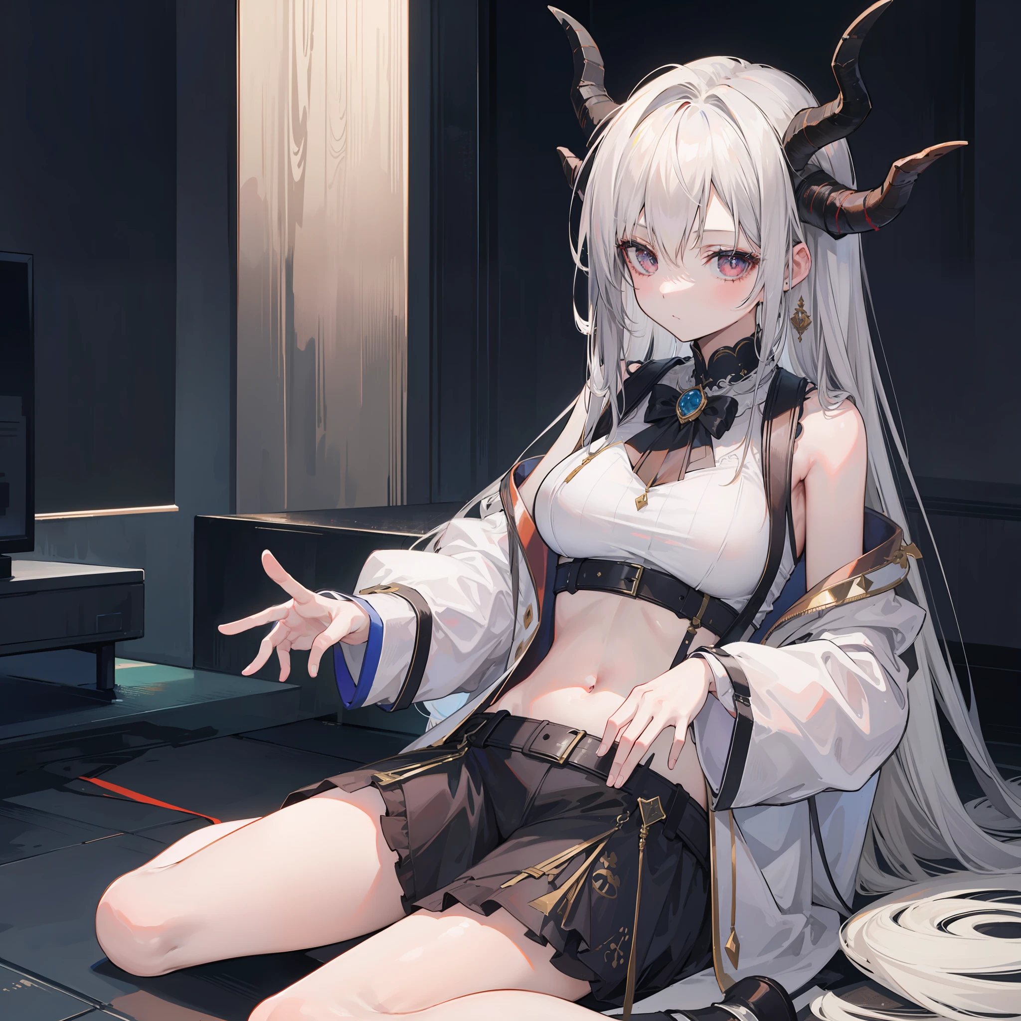 Masterpiece,1girll,Solo, Horns,White hair,Sitting,Long hair,Very long hair,