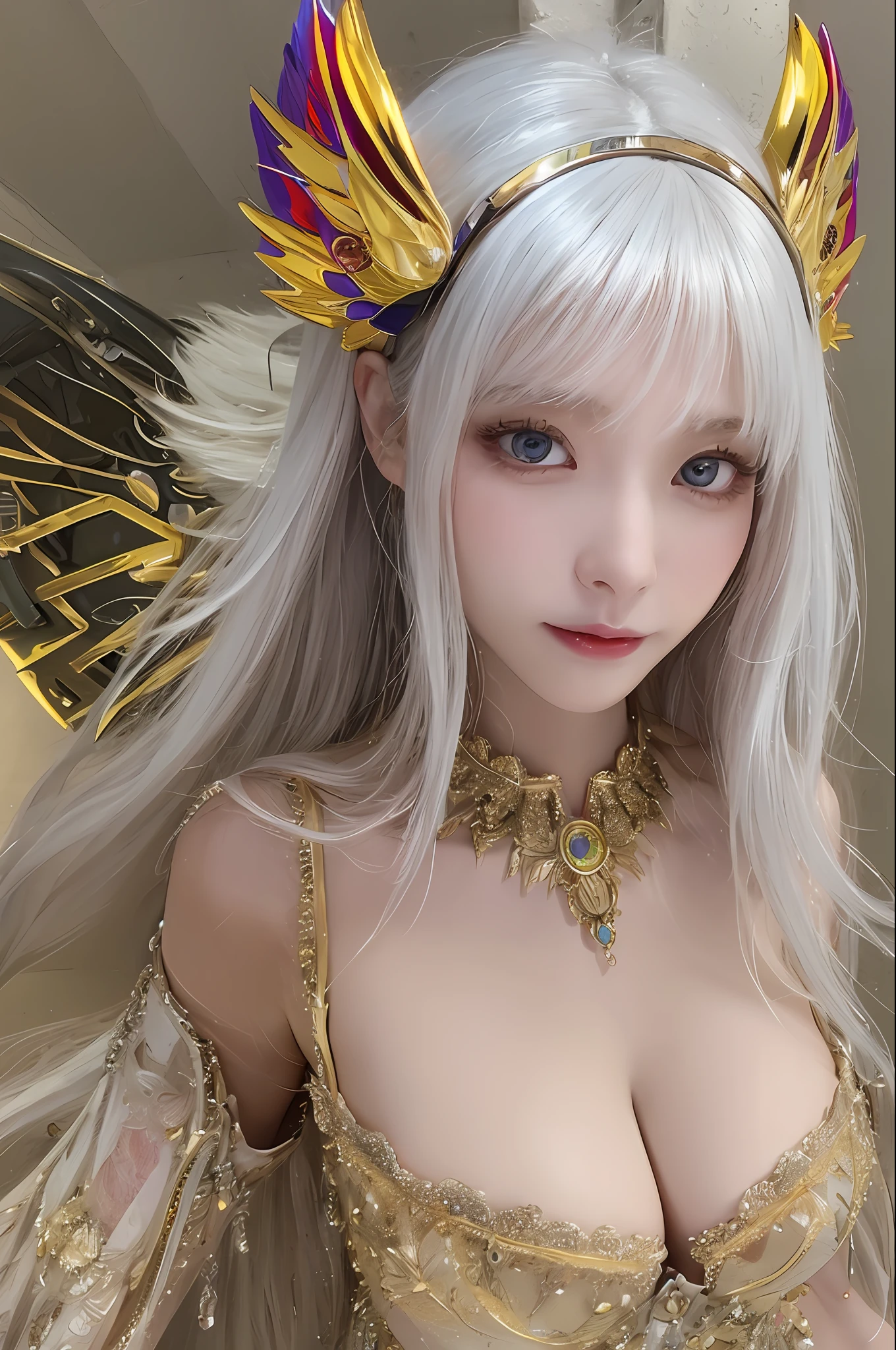 top-quality、​masterpiece、超A high resolution、(Photorealsitic:1.4)、Raw photo、Mechanical Angel、large wings made of metal、White porcelain body、女の子1人、white  hair、glowy skin、1 Mechanical Girl、((super realistic details))、portlate、globalillumination、Shadow、octan render、8K、ultrasharp、character edge light,Colossal tits、Raw skin is exposed in cleavage、Details of complex ornaments、Hydraulic cylinder、highly intricate detail、Realistic light、a purple eye、radiant eyes、Facing the camera、neon details、cowboy  shot、Futuristic headgear、Sumerian details、Small LED lamp、