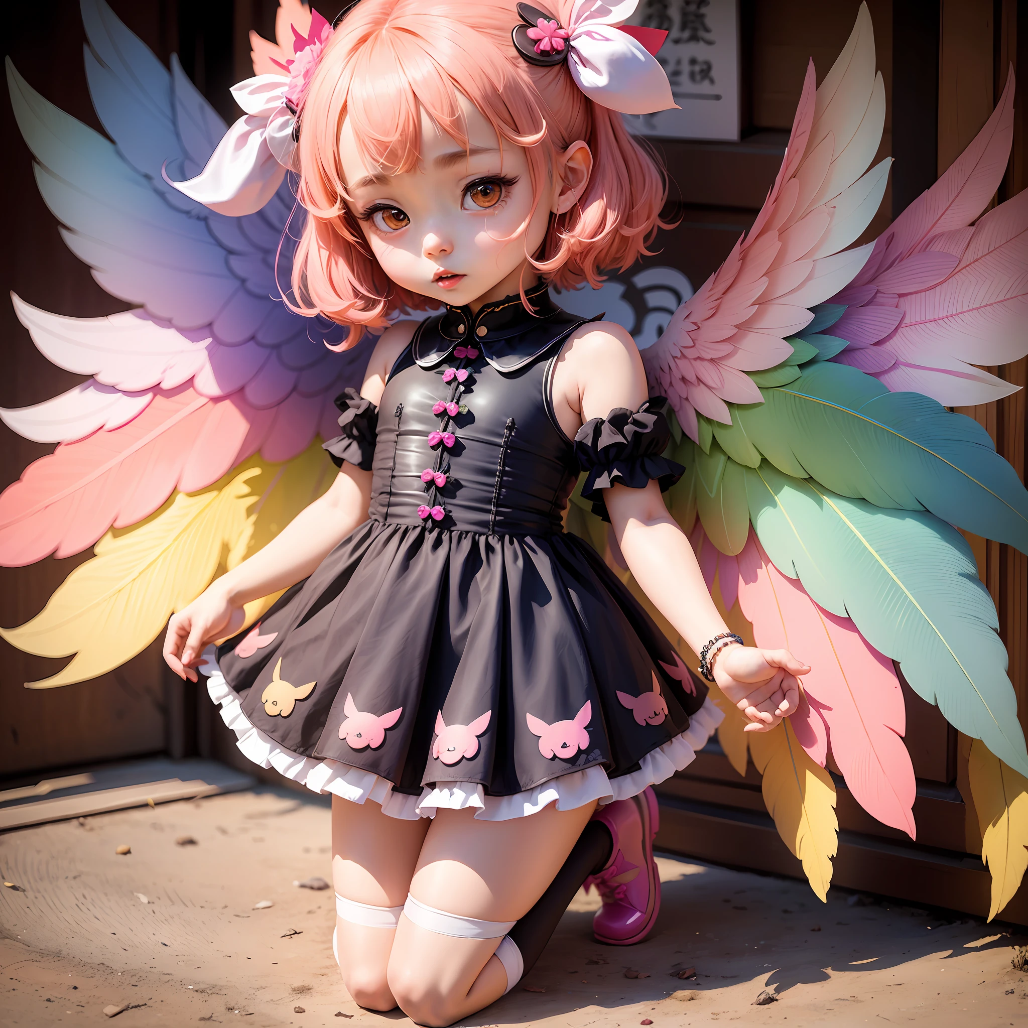 A girl in a colorful hat and a dress with pairs of wings on her back, chibi girl, loli in dress, loli, kawaii chibi, inspired by lyki, chibi art, inspired by Tahara Gu Soda, inspired by Yunduxue, inspired by Wang Lu --auto