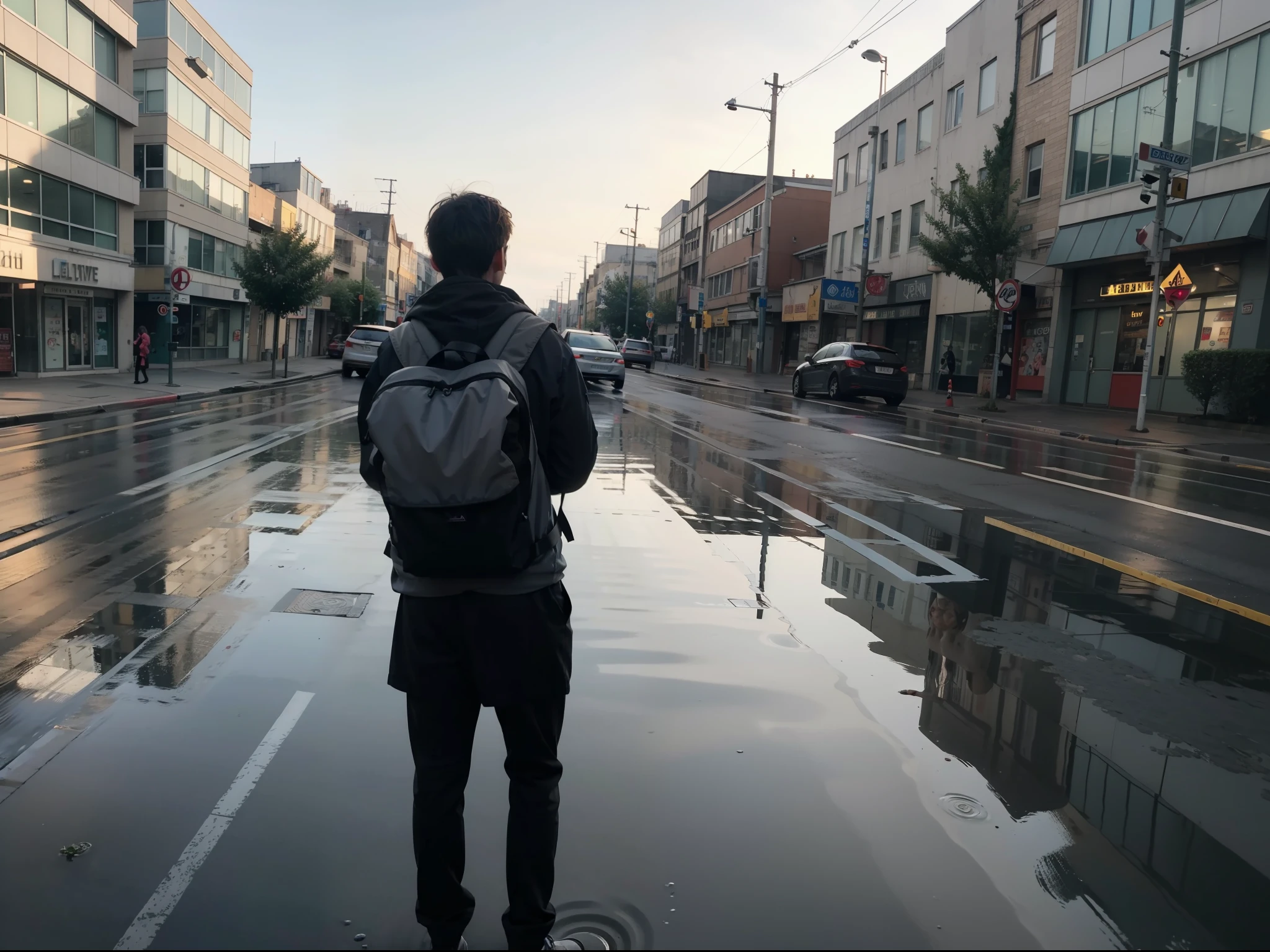 a female and a male, stand and back on to each other, lonely, one side is full of light, one side is dark, rainny, on the street, poddle of water on the road, reflecting, polar opposites, symmetry, panorama, perspective, ray tracing, reflection light, depth of field, masterpiece, best quality, high details, high quality, textured skin, ccurate, UHD, HD