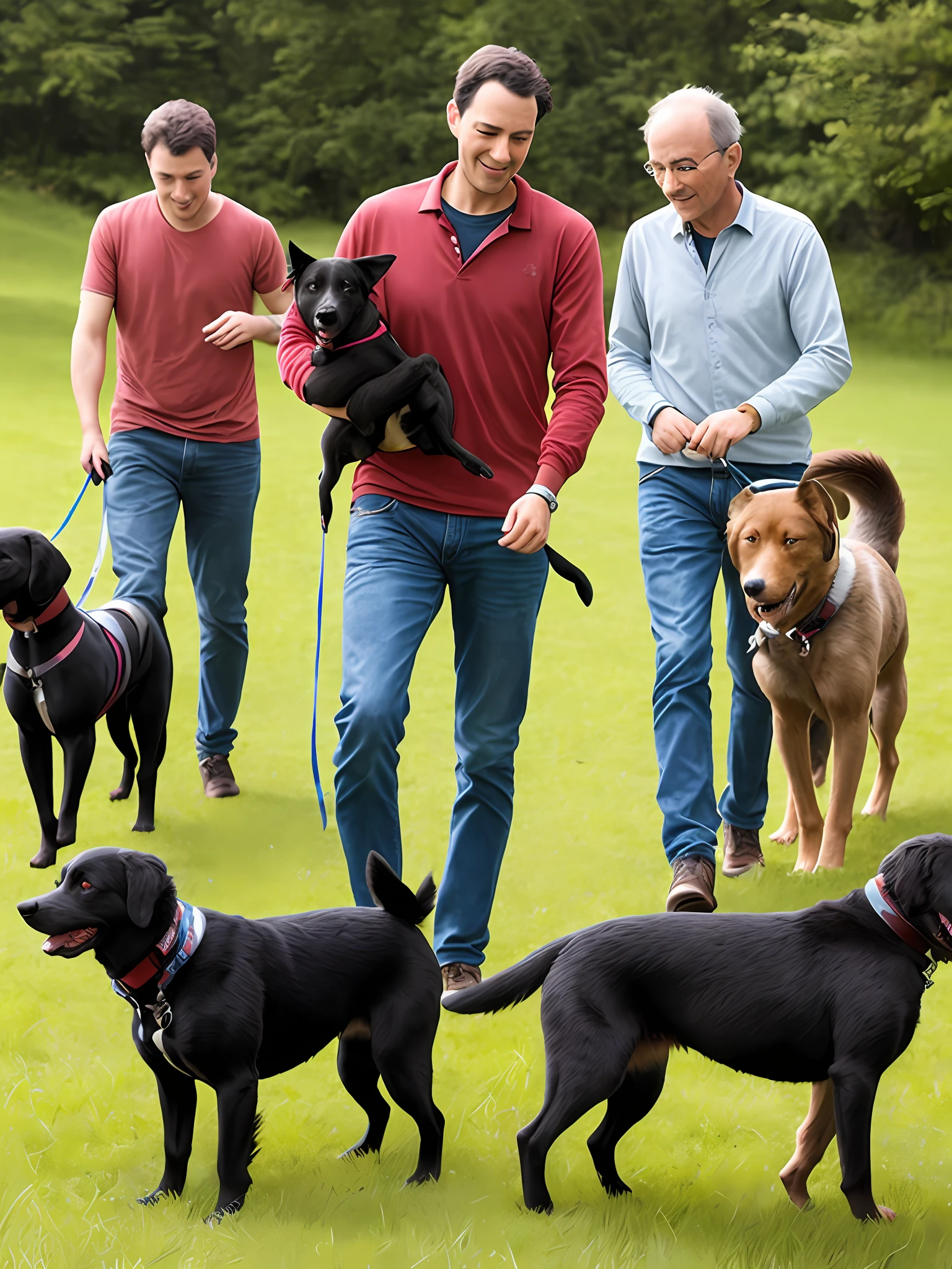 A man leads his two humanoid dogs