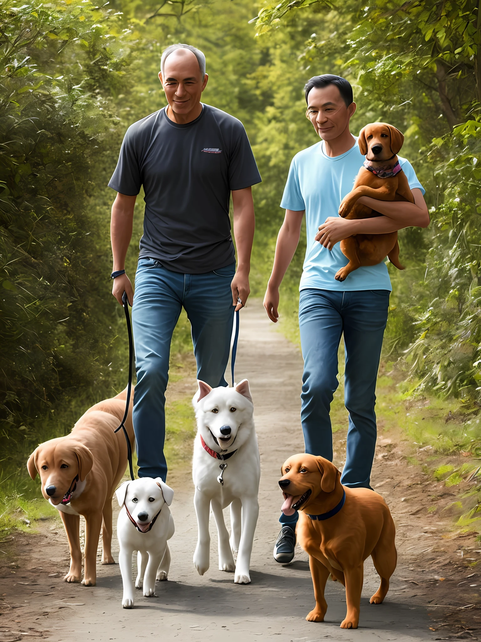 A man leads his two humanoid dogs
