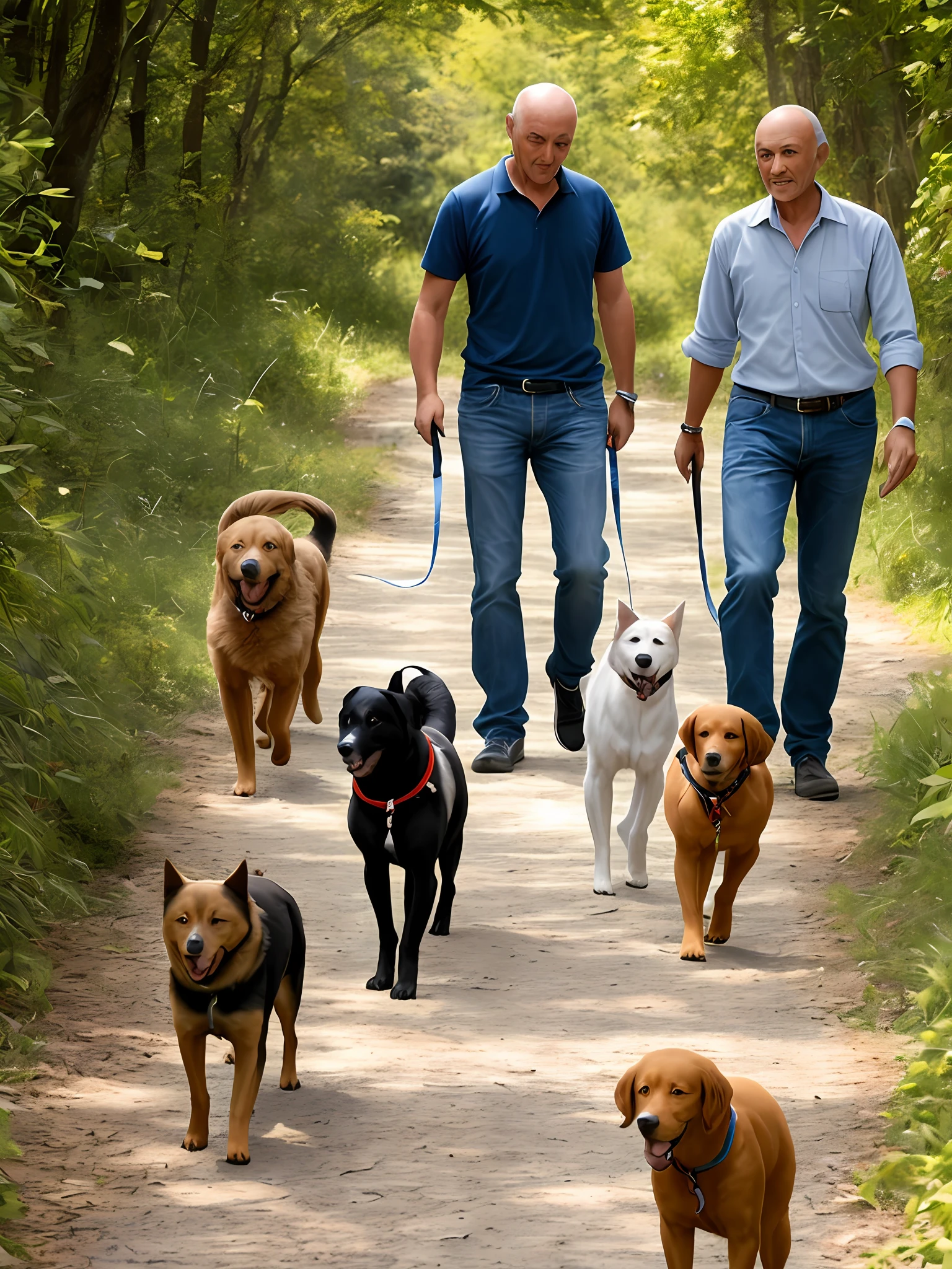 A man leads his two humanoid dogs
