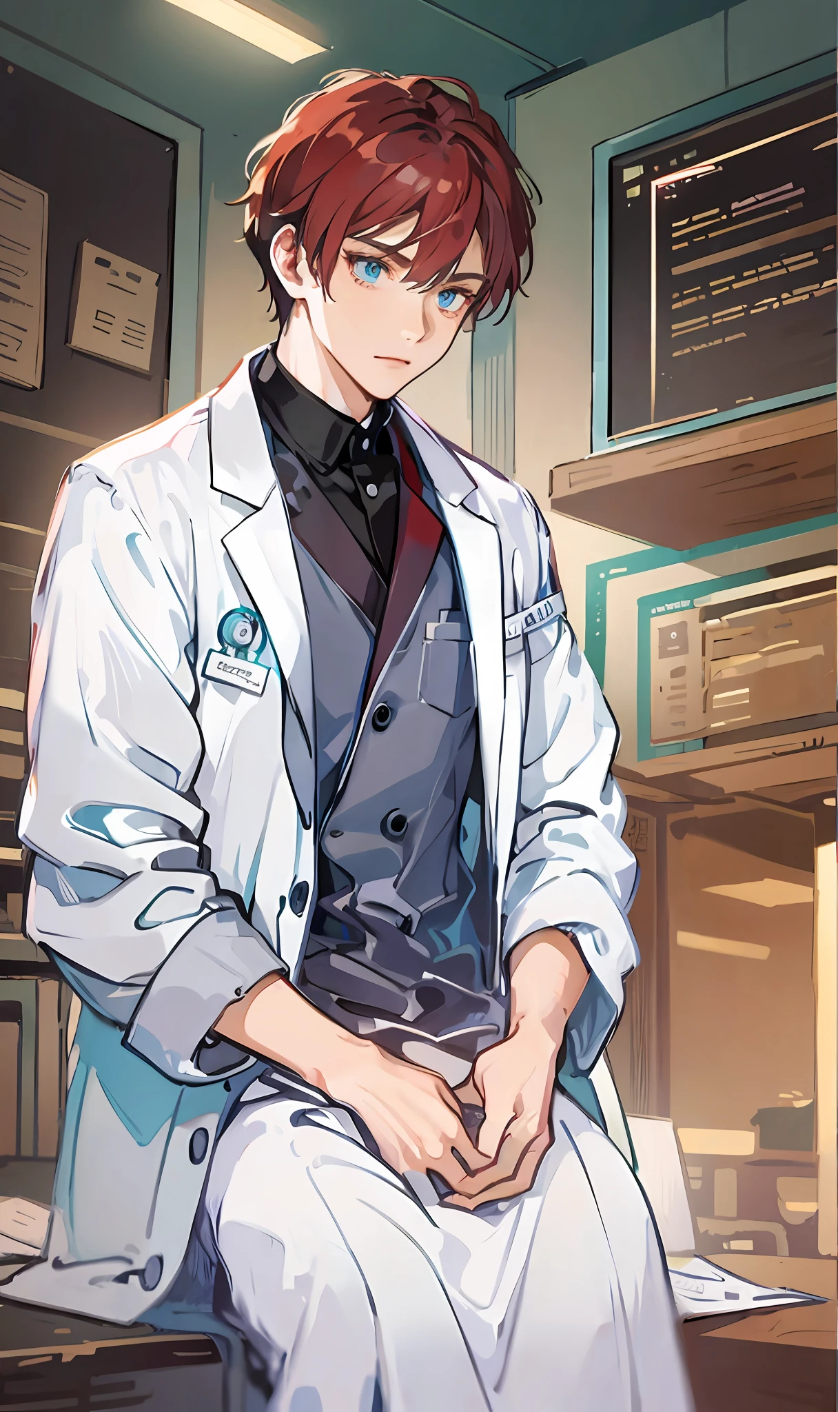 Young doctor in a white coat, A detailed eye, Beautiful eyes, removed his legs, kneeling on the table, straightened his clothes, and left the office with a serious face, (Redhead:1)