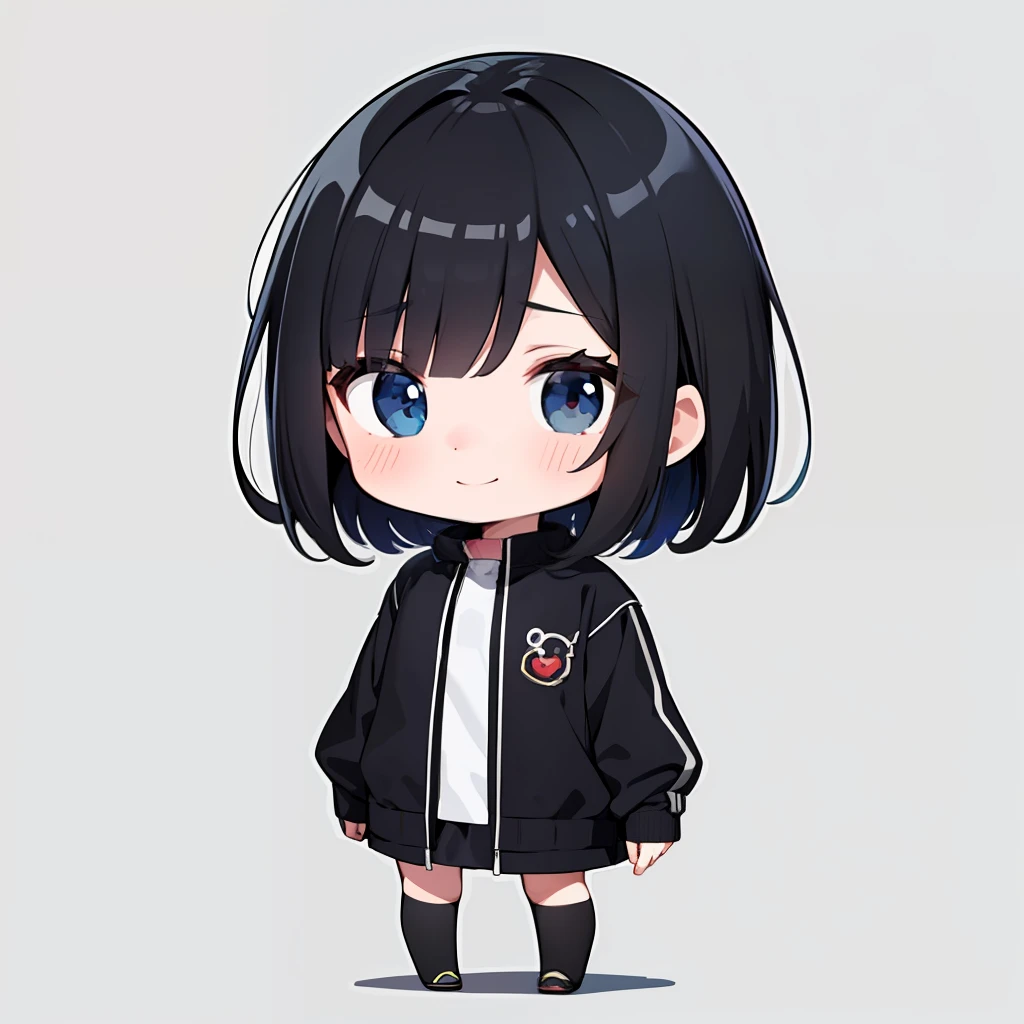 超A high resolution, nffsw, Best aesthetic, Best Quality, masutepiece, Flat Avatar, Perfect litthing、(colourfull、vivd colour: 1.4)、full body Esbian, Has iridescent hair, Shorthair、 is shy, A smile, I'm wearing a jacket。hair adornments, Chibi, simple background, 耳环, jewely, side locks, large oval eyes,Flat Avatar, simple background, A dark-haired,