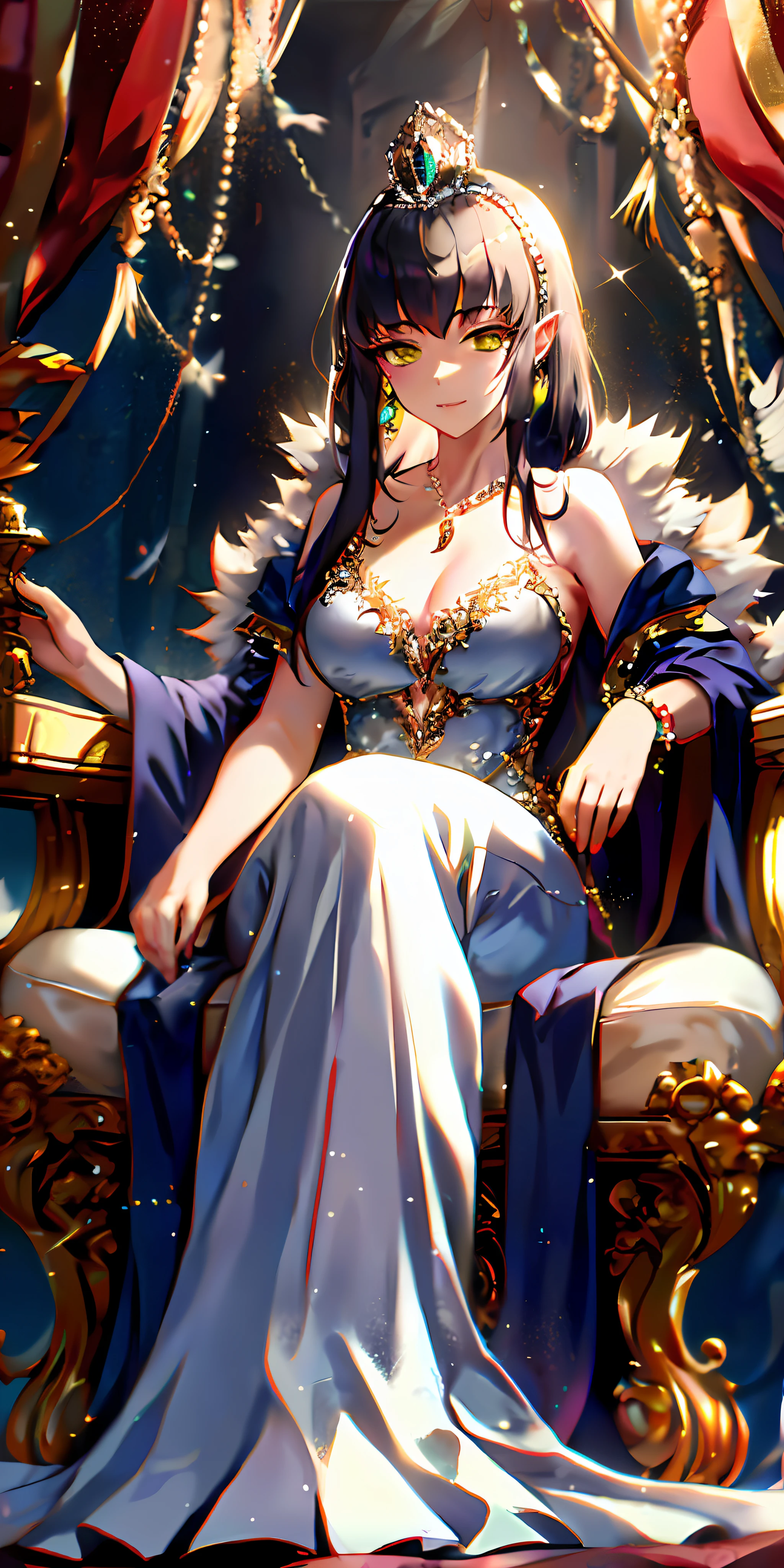 (A princess sitting regally on a majestic golden throne), with flowing long black hair, adorned in an elegant white western fantasy medieval gown, exuding an air of dominance.