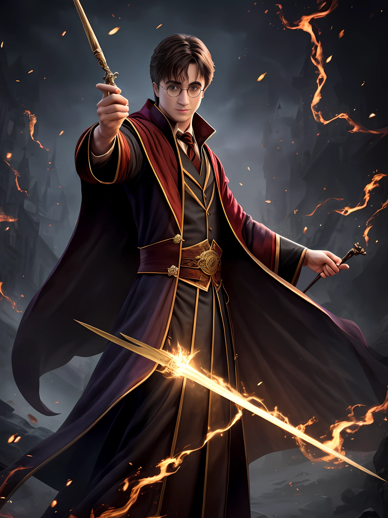 A magician stood in the square,Raise the wand in your right hand,Take an offensive stance,The magic is unleashing。Heads-up view,The posture is dynamic。Wear magic robes,complete body,4K textures, Highly detailed, Sharp focus, ultra - detailed,