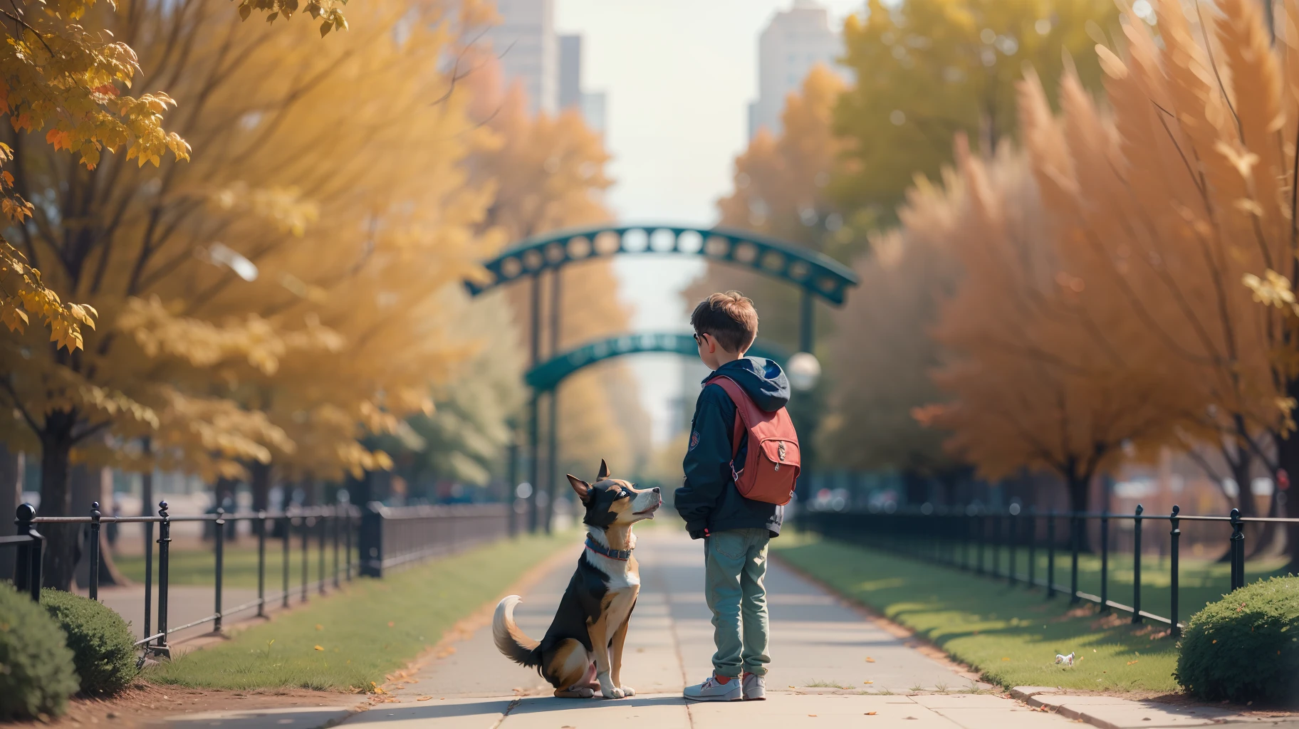 A boy looking at a dog, in a park.