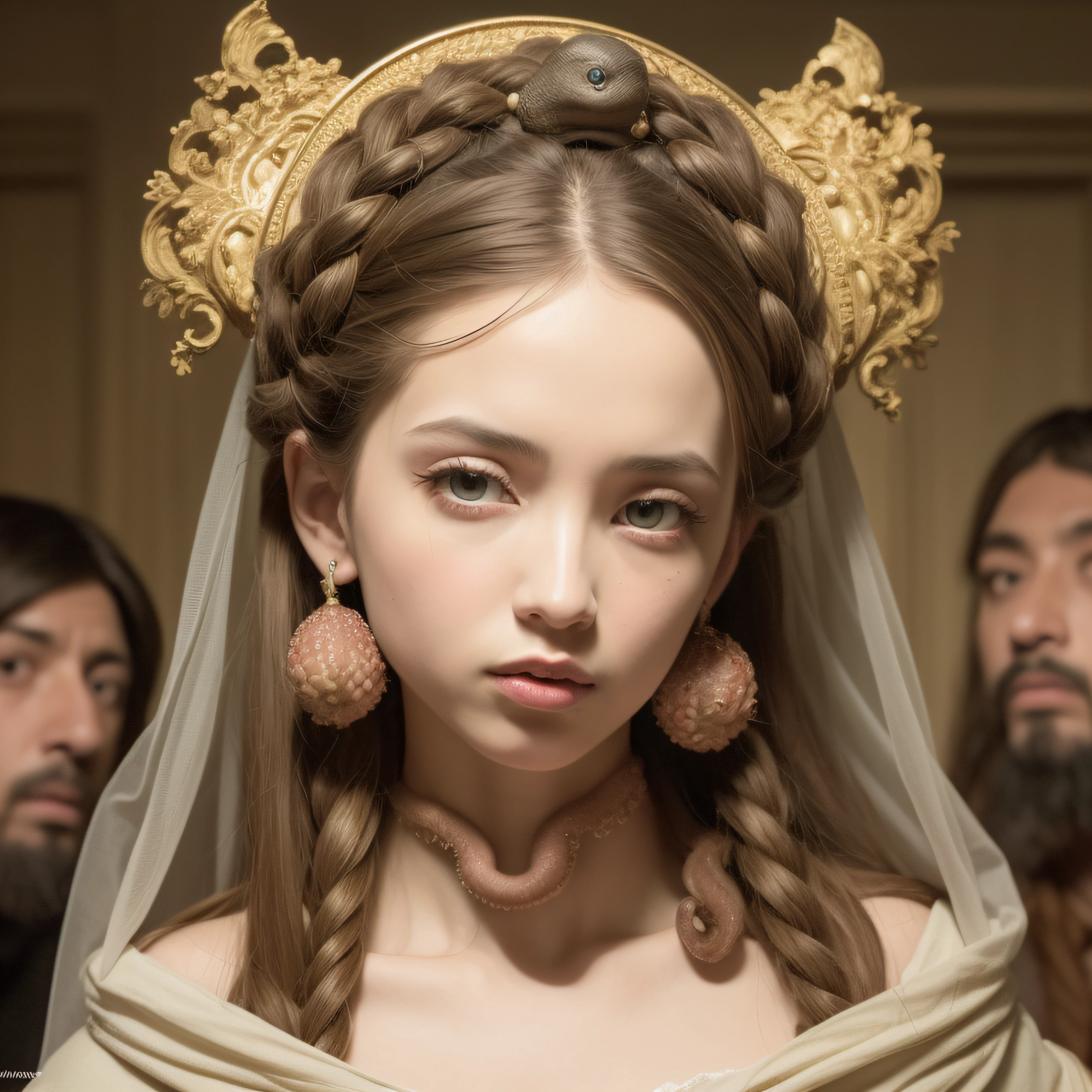 (extremadamente detallado, obra maestra, La mejor calidad), Estilo oscuro, intense illumination, rostro con arrugas, lengua larga, tentacle, deforme, monstruoso, un anciano con Colmillos finos, amenazante. Rococo composition. Luz de caravaggio