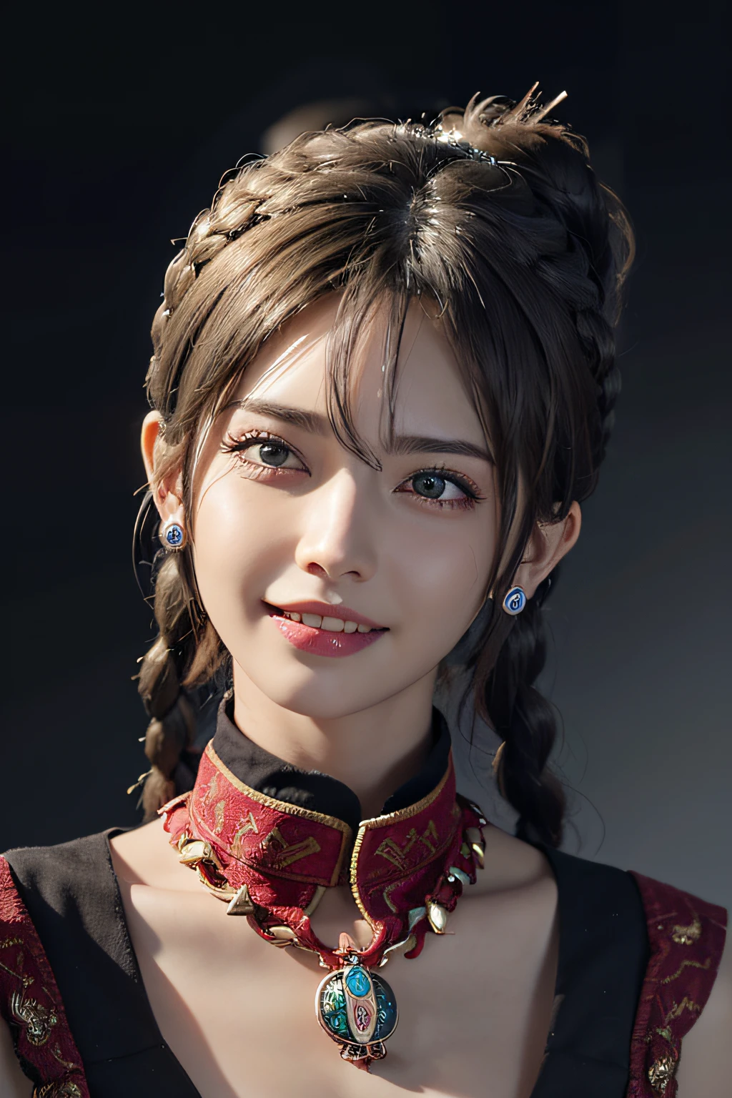 1girl,photorealistic,naughty face, white hair,rolling_eyes,ahegao, open mouth, evil smile, srtong wind,twin_braids, earrings, jewelry, animal,
