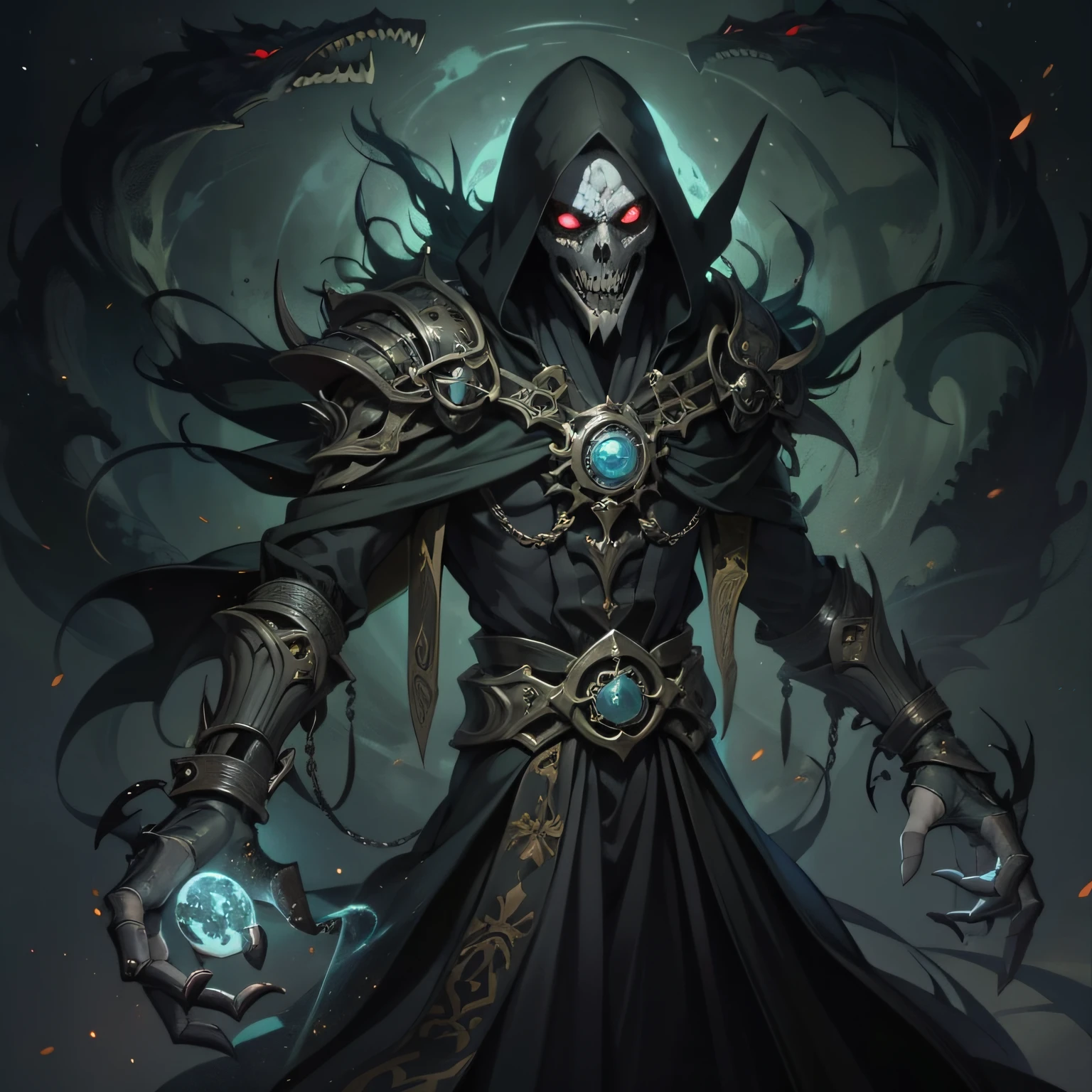 The necromancer is a tall, slender man, cujo porte transmite uma aura de poder sombrio. Her pale skin contrasts sharply with the darkness of her robes. Ele usa uma roupa preta imponente e detalhada, reminiscent of punk aesthetics, but with a mechanical touch. The garment is adorned with gears and metallic details, which seem to have been incorporated to hone their necromantic skills. The concept of the necromancer's entire body is complex and intriguing. His shoulders are narrow and slender, But his poise denotes an impressive confidence. His long, lean fingers have rings with arcane symbols that evidence his expertise in manipulating life and death. The dark space mercenary outfit adds a dose of mystery and adventure to the necromancer's look. Amid the darkness of space, He stands out as a mysterious and menacing figure. The Anime Art Style Trigger reveals striking features on his face, com olhos grandes e expressivos. The necromancer's eyes are an intense green, with black sclera that give them a supernatural appearance. Uma cicatriz vertical atravessa seu olho direito, adding an element of cruelty and mystery. Uma cicatriz horizontal corta a metade inferior de seu rosto, remembering the battles he faced and the darkness that surrounds him. Seus cabelos negros caem em mechas desgrenhadas, acrescentando um toque desafiador e crustpunk ao seu estilo. An aura of dark energy seems to envelop him as he manipulates the forces of life and death, tornando-o uma figura verdadeiramente imponente e assustadora na fantasia que habita. His presence is as complex as his robes, portraying a character who dominates the darkness and arouses fascination and fear in those who cross his path.