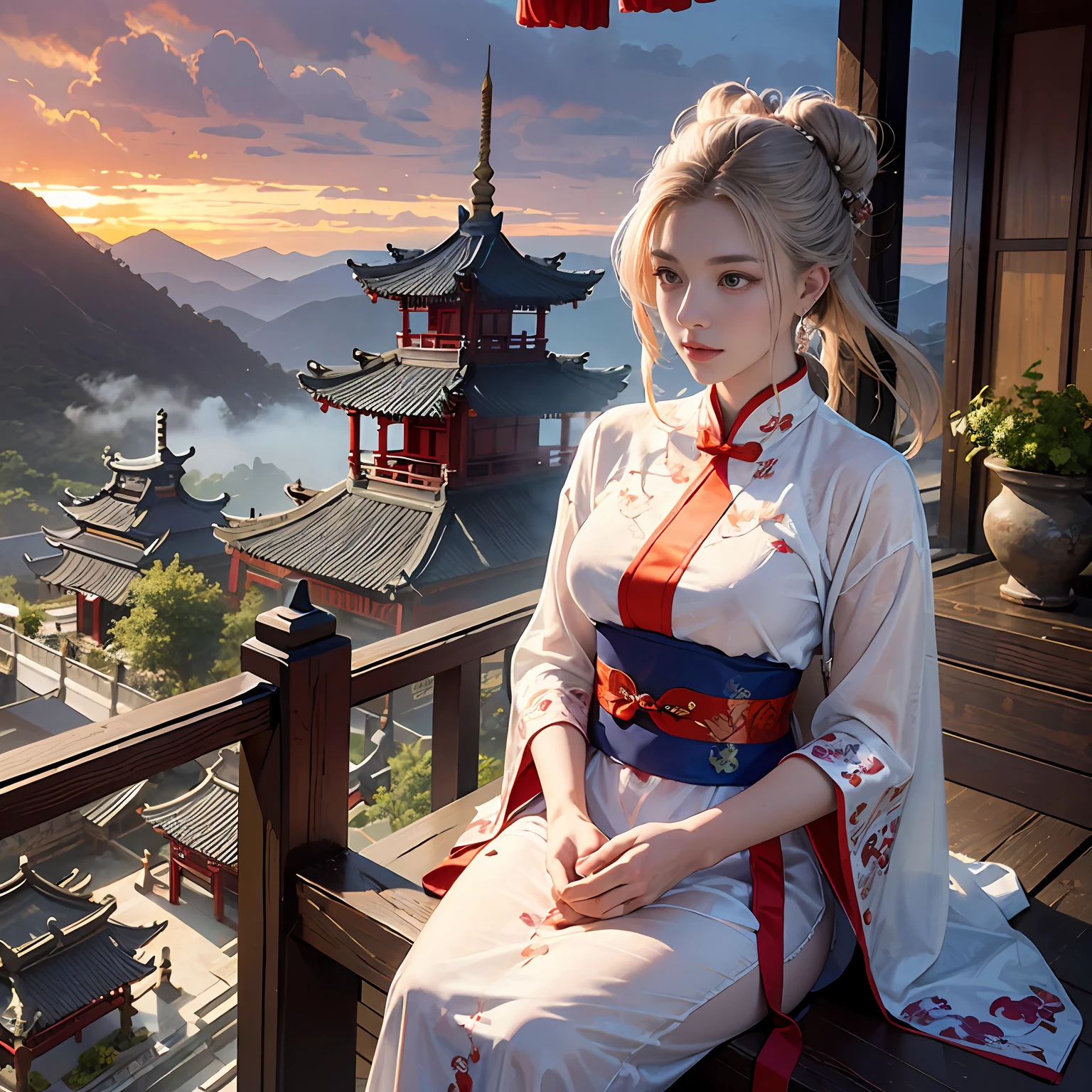 (RAW Photo, Best Quality), (Realistic, Photo Realistic: 1.3), Extremely Refined and Beautiful, Amazing, Fine Detail, Masterpiece, Ultra Detail, High Resolution, (Best Illustration), (Best Shadow), Intricate,
A beautiful female Taoist priest dressed in a white see-through robe and in a bun sits on the eaves of the Taoist temple, overlooking the monks meditating below. In the distance there are pavilions, towers and distant mountains, decorated with floating clouds, (dragon in the background: 1.3), sunset, storm,
Clear focus, volumetric fog, 8k UHD, DSLR, high quality, (film grain: 1.4), Fujifilm XT3,(seethru)