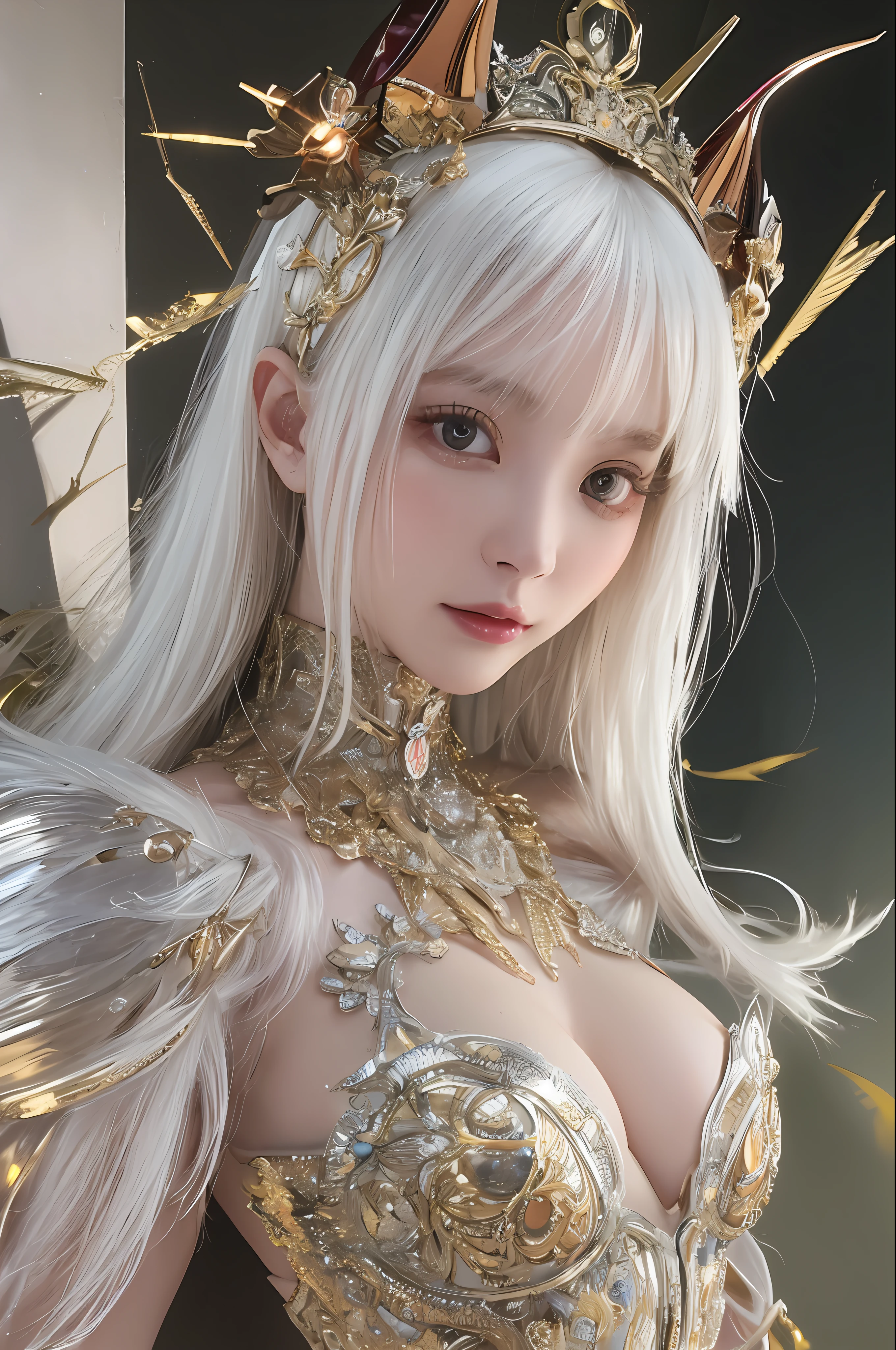 top-quality、​masterpiece、超A high resolution、(Photorealsitic:1.4)、Raw photo、Mechanical Angel、large wings made of metal、White porcelain body、1人、white  hair、glowy skin、1 Mechanical Girl、((super realistic details))、portlate、globalillumination、Shadow、octan render、8K、ultrasharp、character edge light,Colossal tits、Raw skin is exposed in cleavage、Details of complex ornaments、Hydraulic cylinder、highly intricate detail、Realistic light、a purple eye、radiant eyes、Facing the camera、neon details、cowboy  shot、Futuristic headgear、Sumerian details、Small LED lamp、