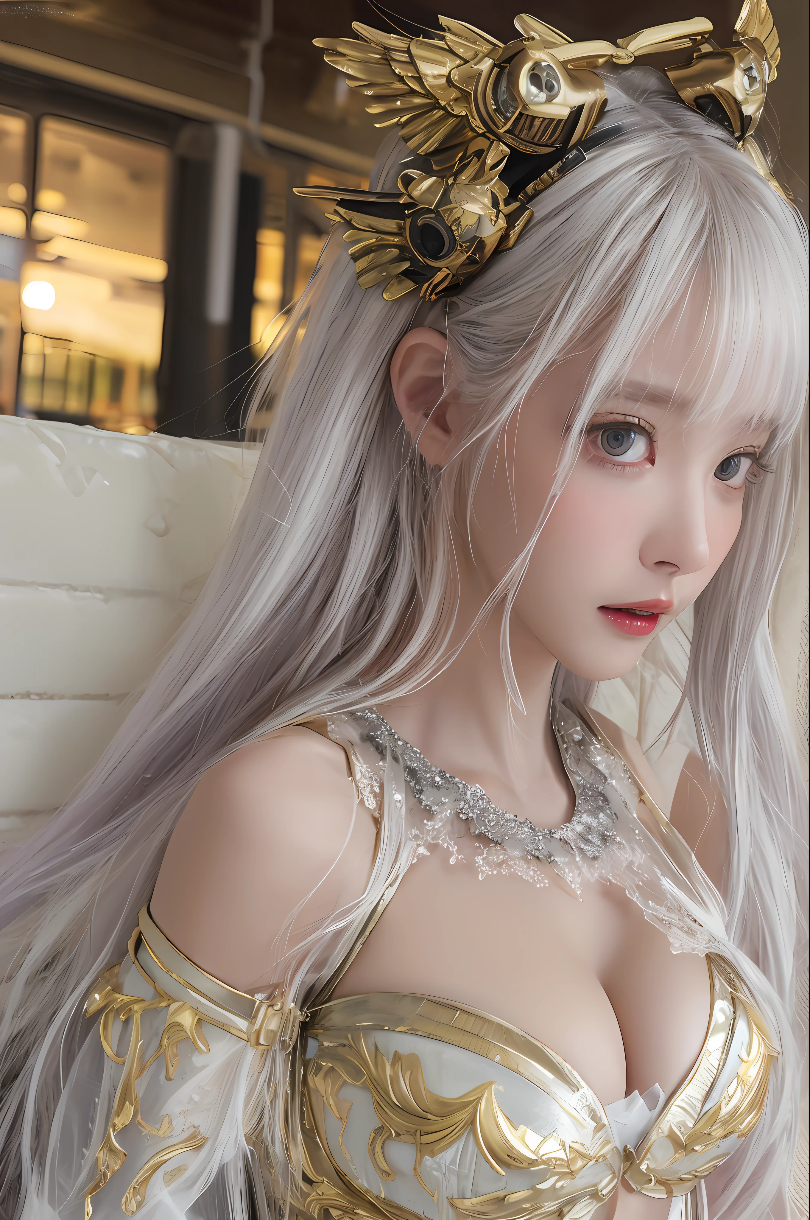 top-quality、masterpiece、超A high resolution、(Photorealsitic:1.4)、Raw photo、Mechanical Angel、large wings made of metal、White porcelain body、1人、white hair、glowy skin、1 Mechanical Girl、((super realistic details))、portlate、globalillumination、Shadow、octan render、8K、ultrasharp、character edge light,Colossal tits、Raw skin is exposed in cleavage、Details of complex ornaments、Hydraulic cylinder、highly intricate detail、Realistic light、a purple eye、radiant eyes、Facing the camera、neon details、cowboy shot、Futuristic headgear、Sumerian details、Small LED lamp、