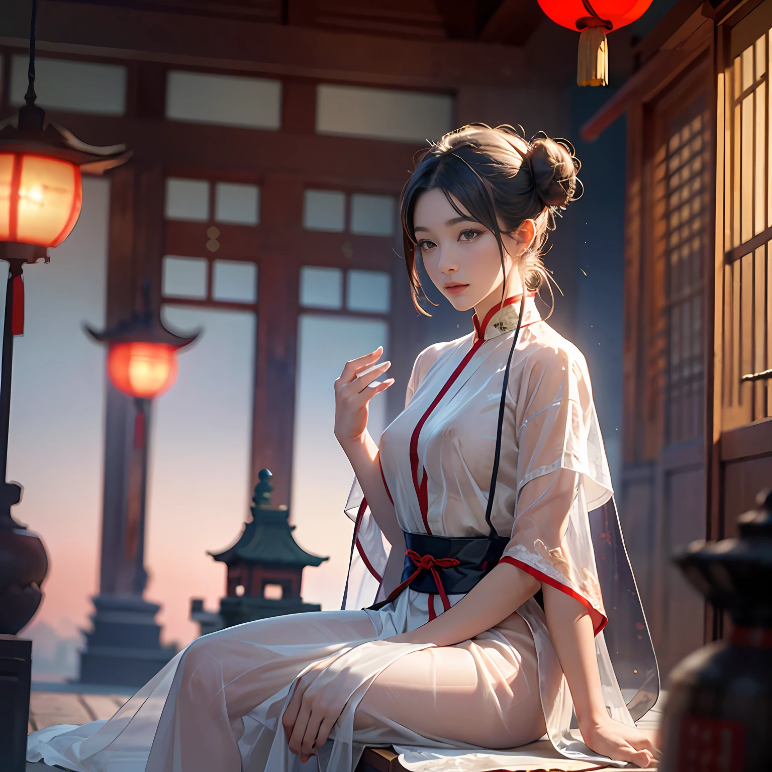 (RAW Photo, Best Quality), (Realistic, Photo Realistic: 1.3), Extremely Refined and Beautiful, Amazing, Fine Detail, Masterpiece, Ultra Detail, High Resolution, (Best Illustration), (Best Shadow), Intricate,
A beautiful female Taoist priest dressed in a white see-through robe and in a bun sits on the eaves of the Taoist temple, overlooking the monks meditating below. In the distance there are pavilions, towers and distant mountains, decorated with floating clouds, (dragon in the background: 1.3), sunset, storm,
Clear focus, volumetric fog, 8k UHD, DSLR, high quality, (film grain: 1.4), Fujifilm XT3,(seethru)