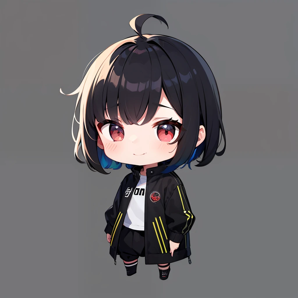 超A high resolution, nffsw, Best aesthetic, Best Quality, masutepiece, Flat Avatar, Perfect litthing、(colourfull、vivd colour: 1.4)、full body Esbian, Has iridescent hair,　Shorthair、　is shy, A smile, I'm wearing a jacket。hair adornments, Chibi, simple background, 耳环, jewely, side locks, large oval eyes,Flat Avatar,  simple background, A dark-haired,