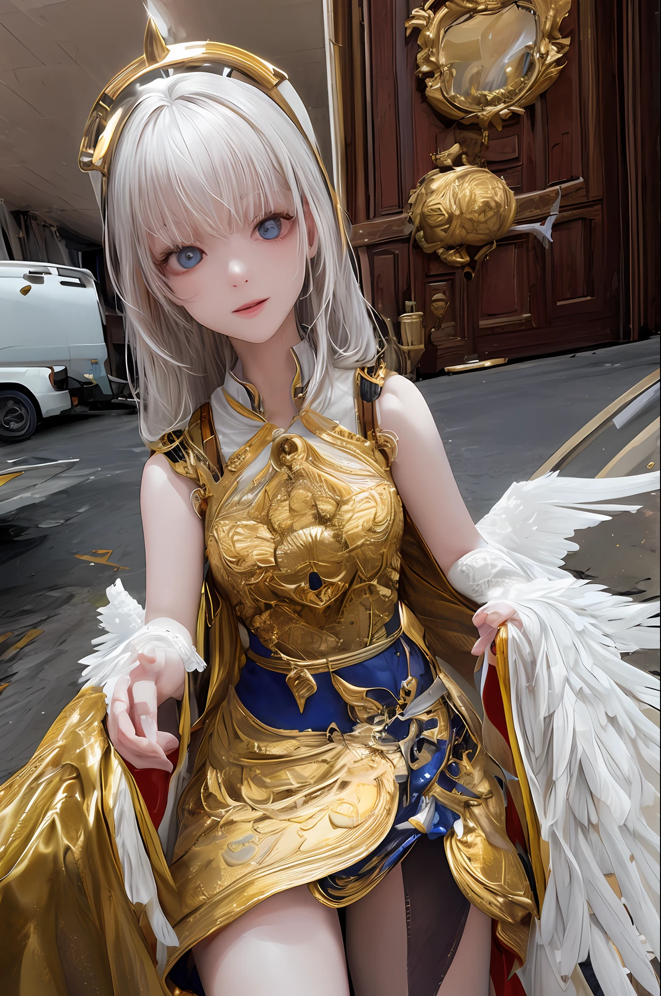 top-quality、masterpiece、超A high resolution、(Photorealsitic:1.4)、Raw photo、Mechanical Angel、large wings made of metal、White porcelain body、white hair、glowy skin、1 Mechanical Girl、((super realistic details))、portlate、globalillumination、Shadow、octan render、8K、ultrasharp、character edge light,Colossal tits、Raw skin is exposed in cleavage、Details of complex ornaments、Hydraulic cylinder、highly intricate detail、Realistic light、a purple eye、radiant eyes、Facing the camera、neon details、cowboy shot、Futuristic headgear、Sumerian details、Small LED lamp、