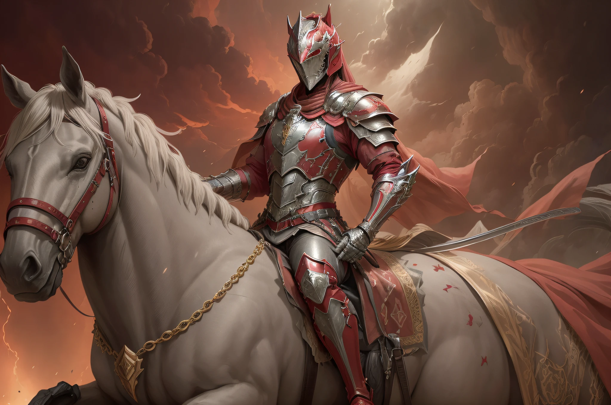 um cavaleiro com armadura brilhante, montado em um (((cavalo vermelho ))). A Horseman of the Apocalypse holding a sword in a Scale Hand, in battle position.