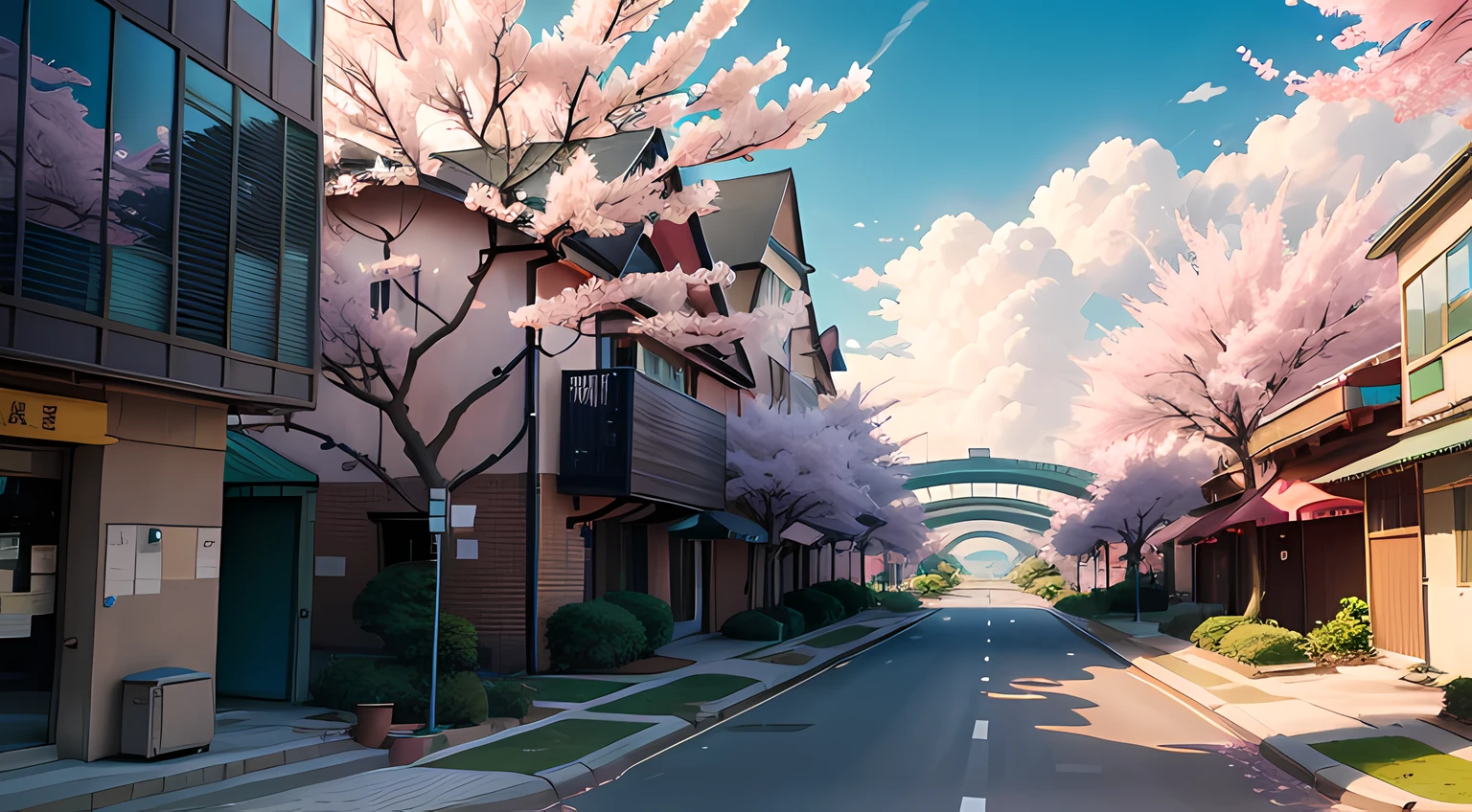 This picture depicts a city with many cherry trees, cherry trees, and lush cherry trees. The bustling tech architecture is beyond imagination. Cherry blossom trees are in full bloom. Pink cherry blossoms are blooming everywhere. The surreal clouds, the breathtaking clouds, the few passers-by, and the details of the characters are all clear at a glance. Inspired by Makoto Shinkai's popular conceptual art and masterpiece on pixiv, foresight (wide-angle lens), ultra-high resolution (realism: 1.4), ultra-high quality, extremely detailed CG Unity 8k wallpapers, aesthetics, award-winning photography, realism, high detail, intricate, beautiful anime scenes, and anime-style cityscapes. The art of traveling