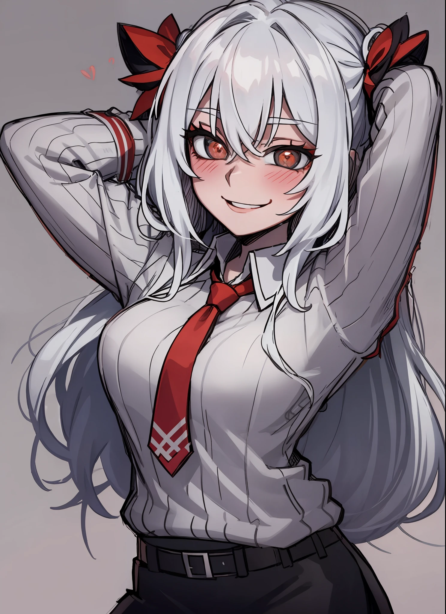 chibi, blindfolded, white long hair, red pupils, love in eyes, blushing, cute, smug, smile, rolling eyes, gray sweater, red necktie, short skirt, long sleeves