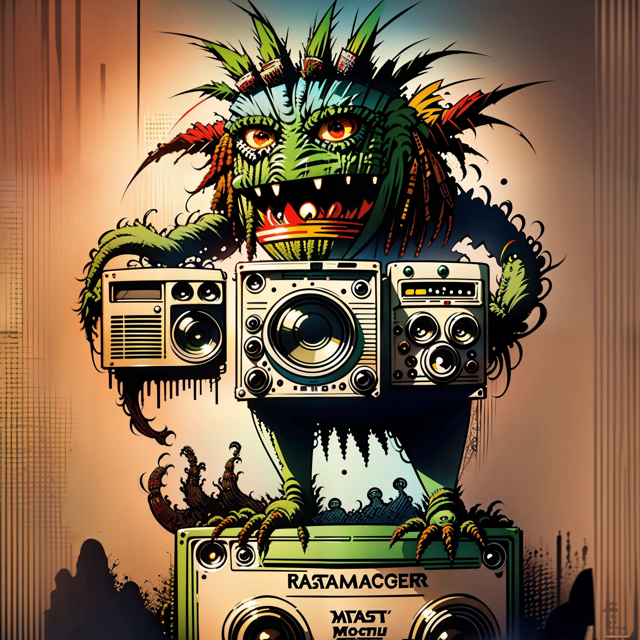 a ((((([rasta monster])))))), ( full body shot) holding a boombox, ghetto blaster, big ghetto blaster, tape deck, lofi hip hop, audio equipments, cassette, retro technology, nostalgic vibes, 1 9 6 0 s tech, radios, vintage, the 6 0 s, propaganda Poster style, Poster design, poster art style. 1970s, 1950s, 1960s, Very colourful poster, colour art, thirds rule, inspiring, 1970, lofi hip hop, high quality artwork, artwork, poster art style, promotional artwork, hiphop, 1 9 th, print, high quality wallpaper, poster artwork, style of shepherd fairey, in a retro or vintage style, reminiscent of classic advertisements or posters. Use warm and muted colors, capturing the nostalgic feel of vintage artwork, bird's eye view