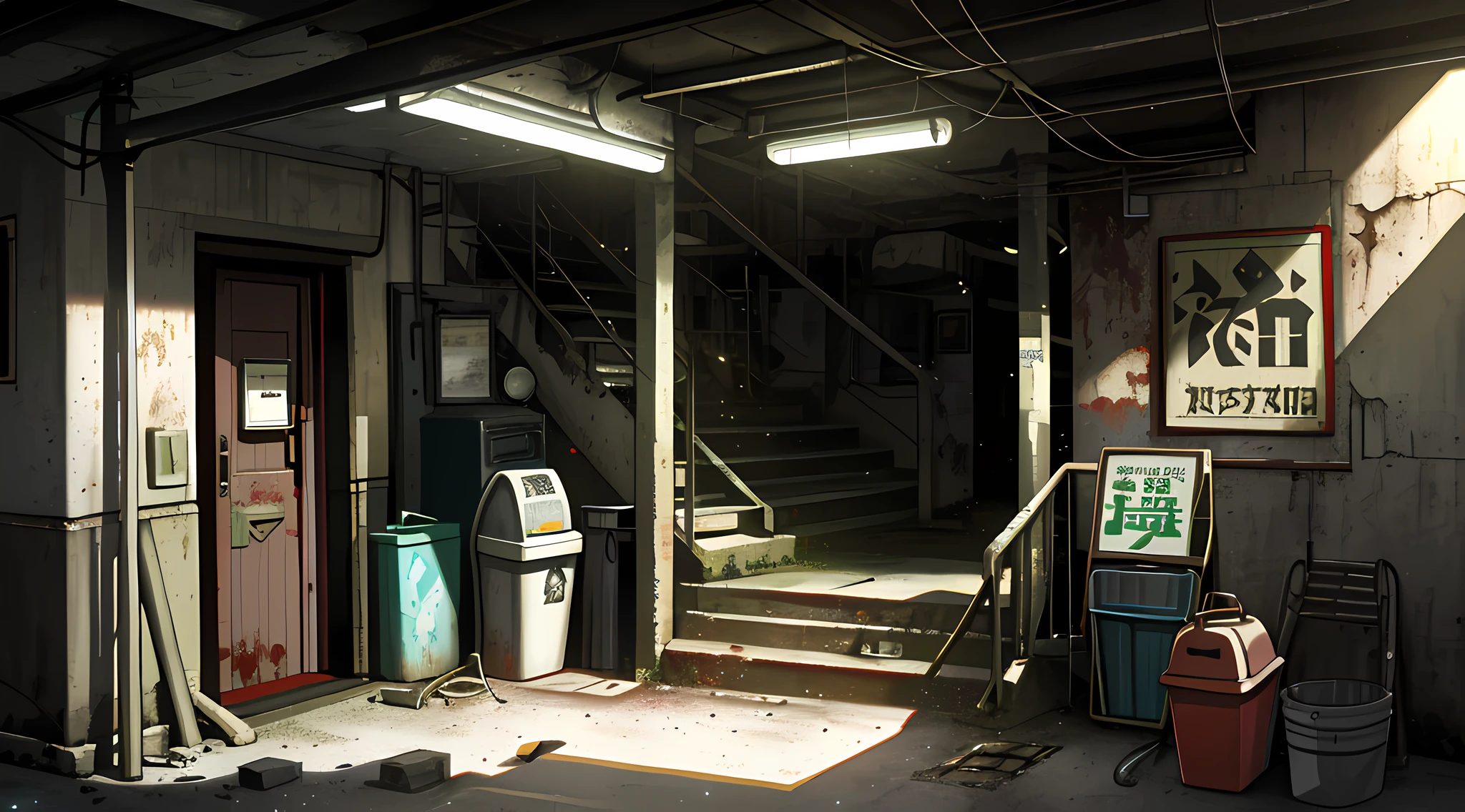 Surreal and very detailed dark table entrance illustration, Very loaded object image, look from down, Dirty and cracked cement stairs, wastebasket, metal signs, Seats, cable wires, pole, Rusty guardrails, grey wall, Pale, empty boxes, Damaged wall paint, There is some rubbish on the floor, Very detailed advertisements on the neon wall,  spotlight lights (Very radiant), humidity, Artificial and sterile environment, Night, Very dark landscape shadows