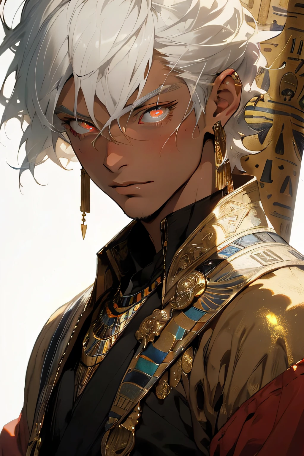 Realistic, (masterpiece, top quality, best quality, official art,), very detailed, most detailed, (1boy:1.3), gods, white hair, (glowing red eyes), mysterious, (magic), handsome men, ((Egyptian style)), headdresses, gold ornaments, bandages, pharaohs