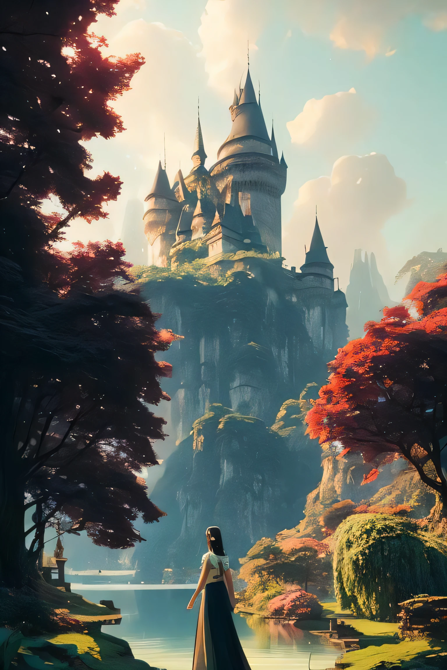 gothic castle yard with a lake and lush plants, fantasy art, by greg rutkowski, loish, rhads, ferdinand knab, makoto shinkai and lois van baarle, ilya kuvshinov, rossdraws, tom bagshaw, beautiful, cinematic, elegant, hyperrealistic, octane render, unreal, high definition, 8k resolution, highly detailed, photo taken with Sony a7R camera, DSLR lens