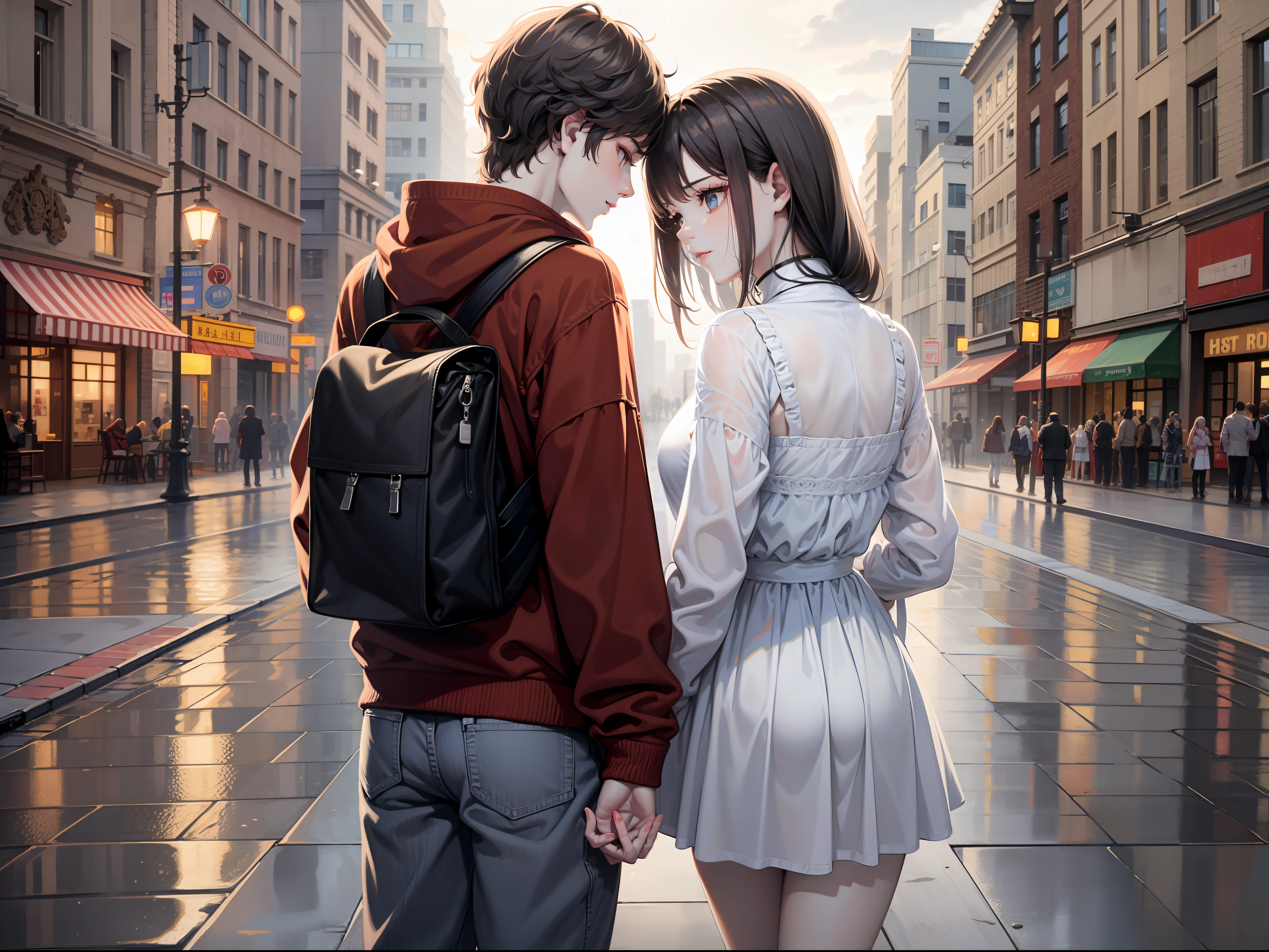 a female and a male, stand and back on to each other, lonely, one side is full of light, one side is dark, rainny, on the street, poddle of water on the road, reflecting, polar opposites, symmetry, panorama, perspective, ray tracing, reflection light, depth of field, masterpiece, best quality, high details, high quality, textured skin, ccurate, UHD, HD
