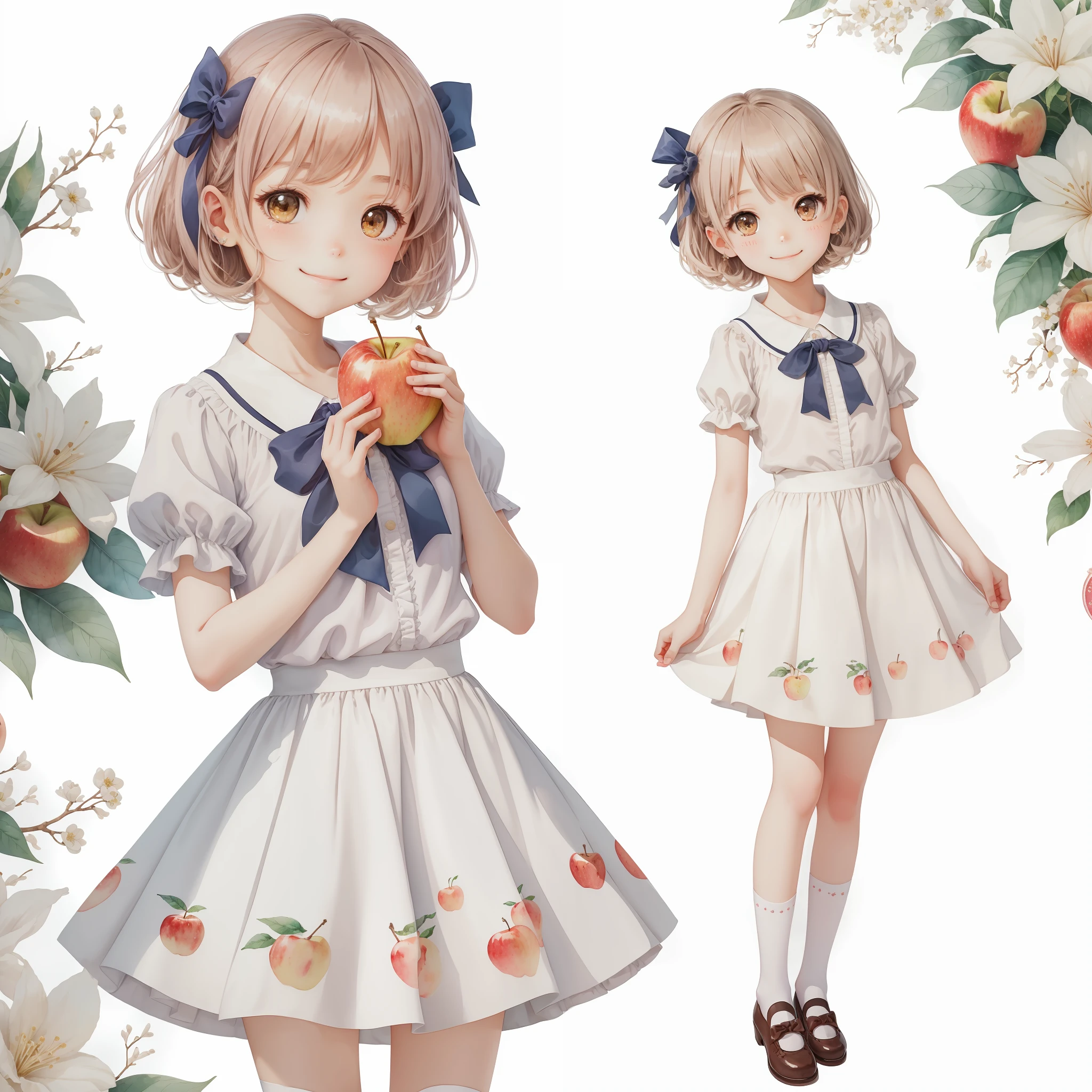masutepiece、top-quality、Masterpiece、Cute girl 、Eat apples deliciously、watercolor paiting、Careful illustrations、ren、Pastel background、bobhair、Medium Hair、A dark-haired、Nice smile White flowers on background Floundering blouse Thailand bow ribbon Knee-length skirt White High Socks --auto