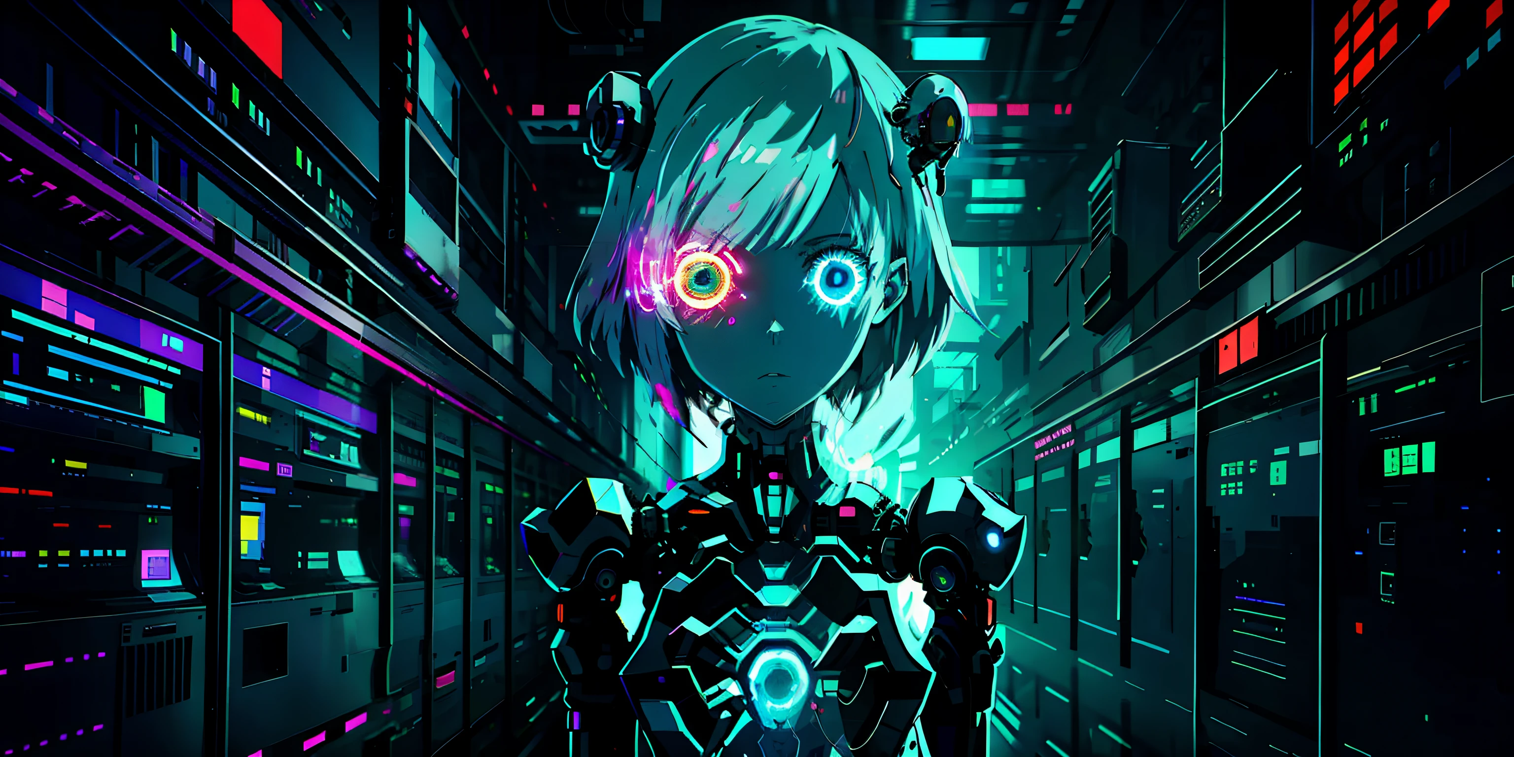 android girl, glitch, server room, led, anime film, server, hologram, ghost in the shell