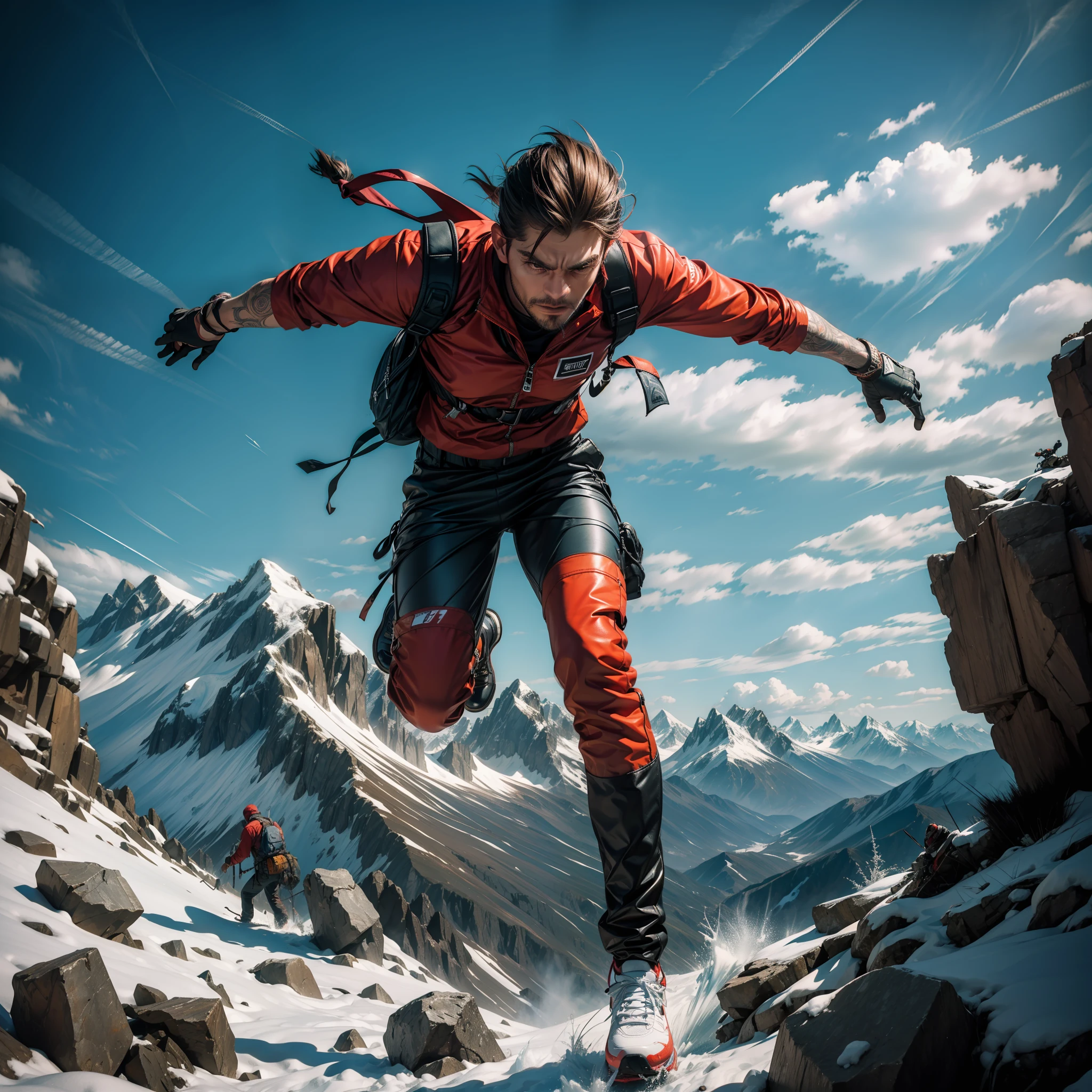 Images of man facing adversity and overcoming obstacles on his way up the mountain.