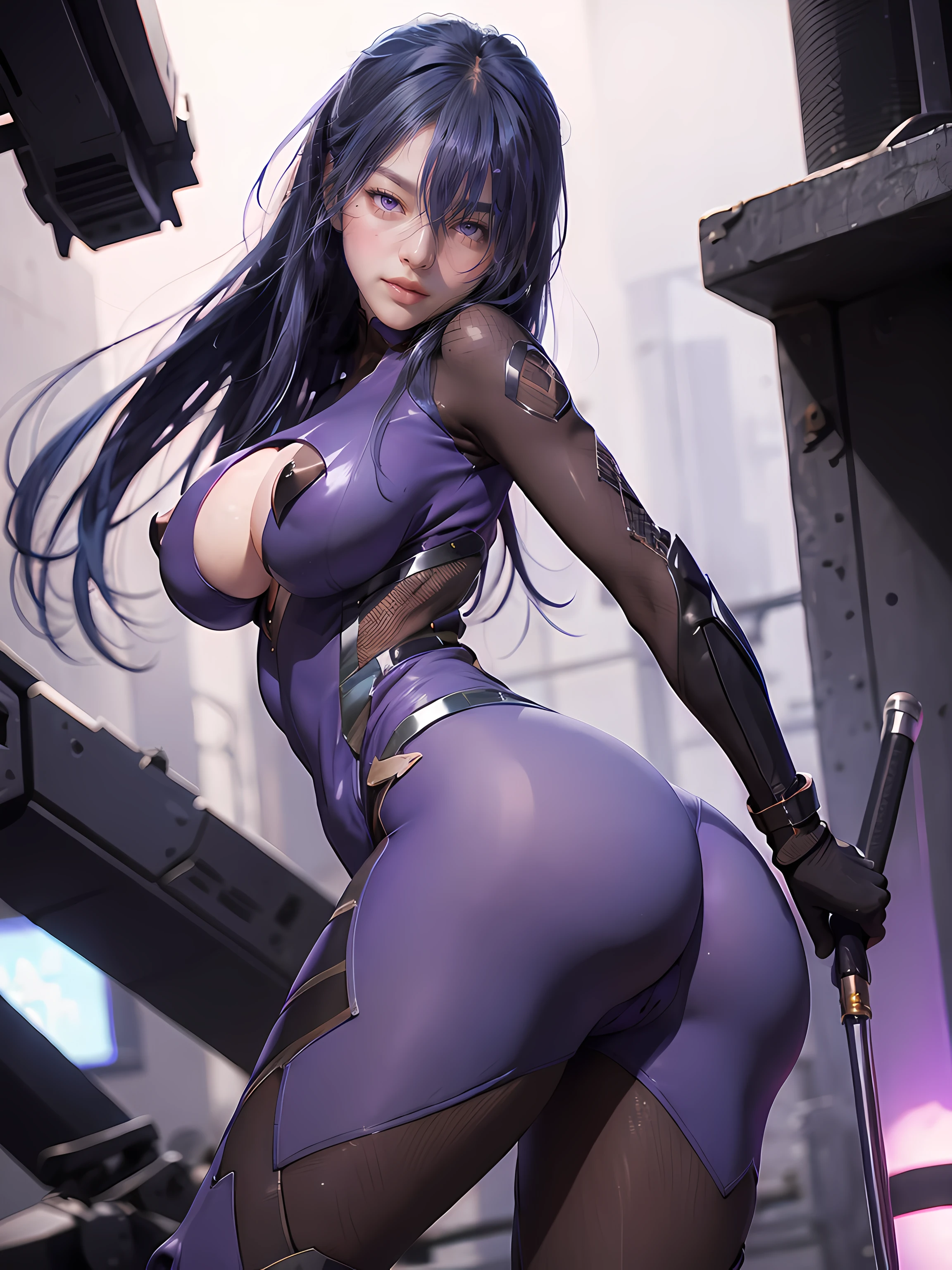 1girl ass blue_hair blush bodysuit breasts fishnets gloves large_breasts long_hair looking_at_viewer ninja purple_bodysuit purple_eyes solo very_long_hair bishojo, blush, heart-shaped eyes,seductive smile
