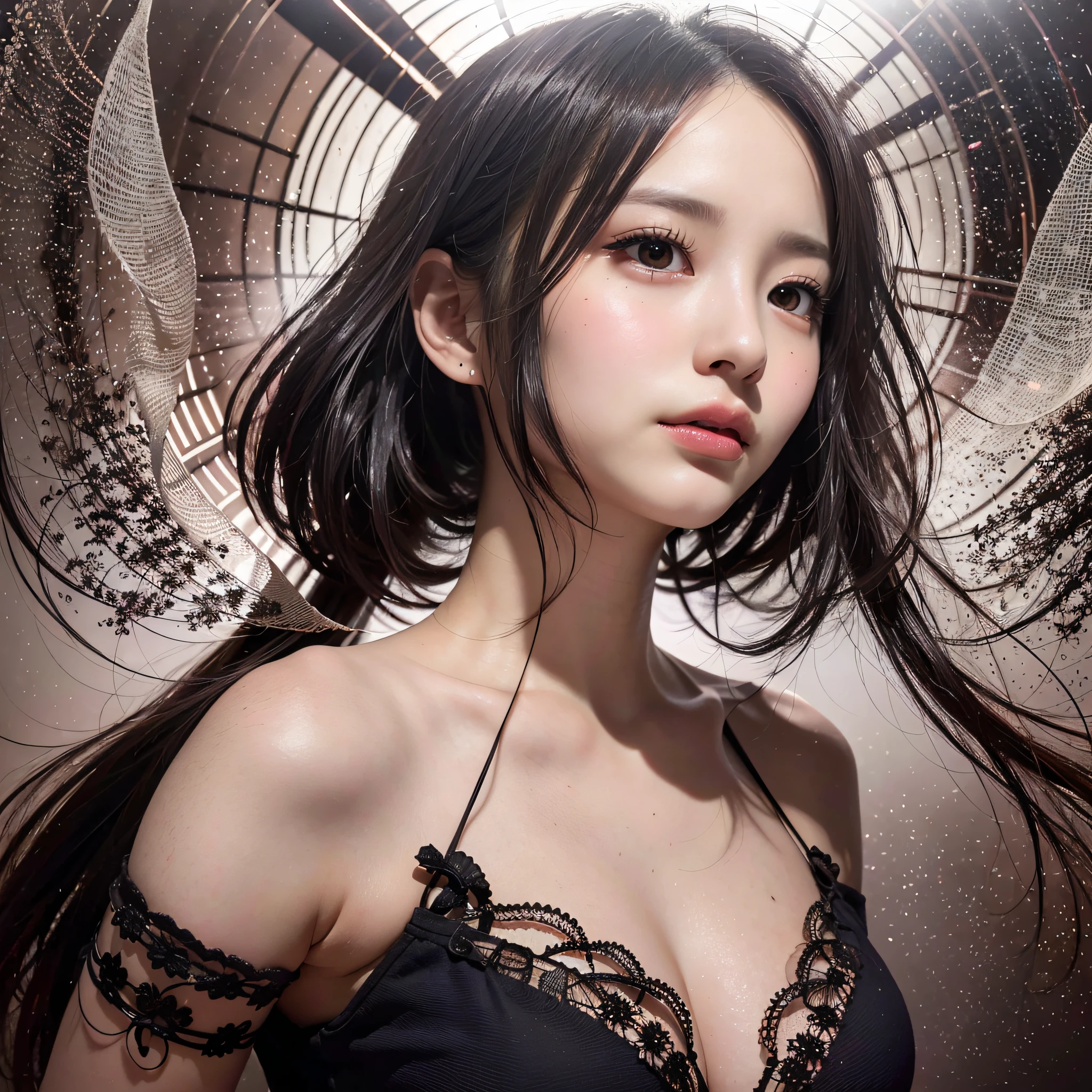 (masterpiece, best quality, ultra-detailed, best shadow), (detailed background,dark fantasy), (beautiful detailed face), high contrast, (best illumination, an extremely delicate and beautiful), ((cinematic light)), colorful, hyper detail, dramatic light, intricate details, (1 girl, solo,black hair, sharp face,low twintails,red eyes, hair between eyes,dynamic angle), blood splatter, swirling black light around the character, depth of field,black light particles,(broken glass),magic circle,