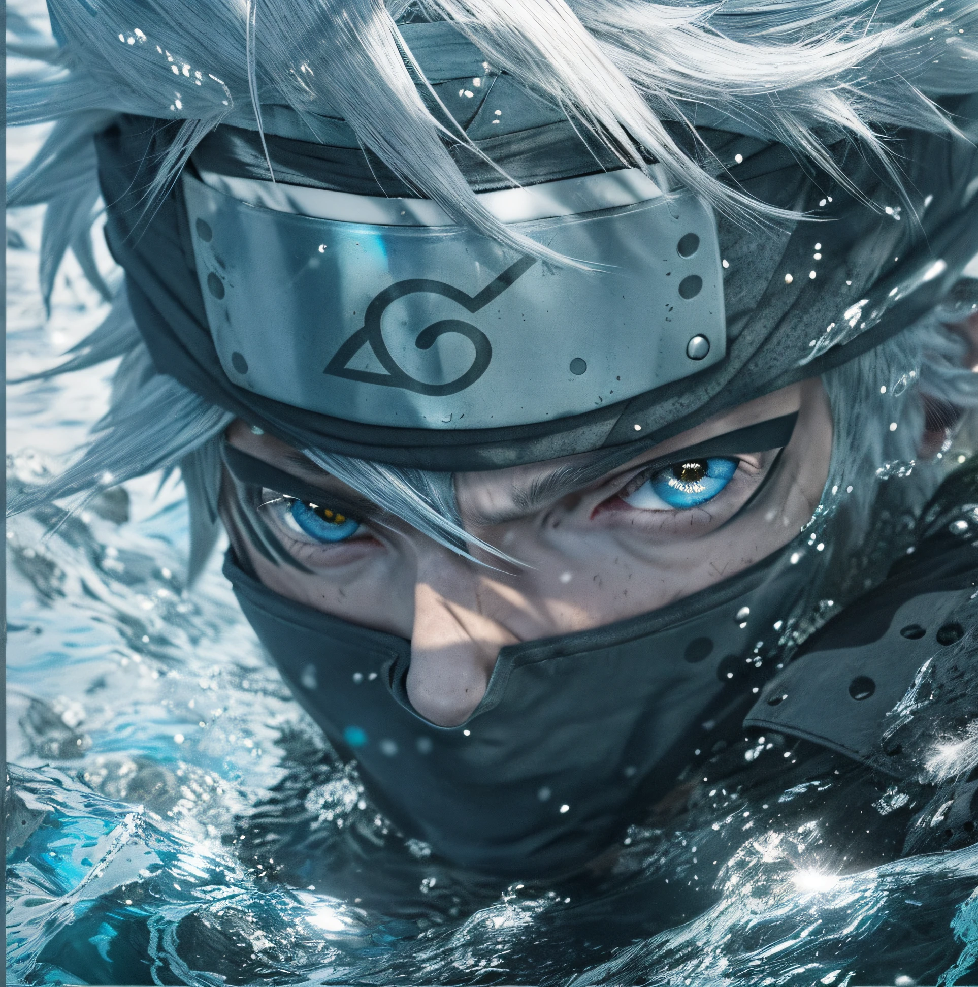 Anime character with white hair and black eyes in water, Kakashi hatake, Kakashi, badass anime 8 k, arte limpa e detalhada,