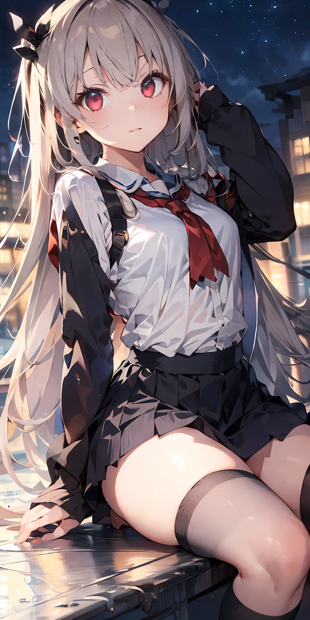 1girl, beautiful detailed eyes, long white hair, light red eyes, school uniform, high black stocking, lustrous skin, city, night, high contrast, ((masterpiece, best quality))