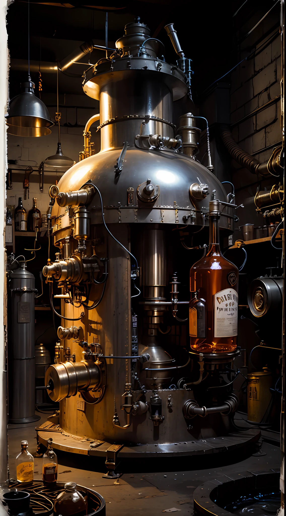 obra maestra, artefacto destilador de whiskey,  taberna clandestina, steampunk moonshine whiskey intricate machinery,  realista, hermoso, neon noir ilumination, cinematic, epic quality