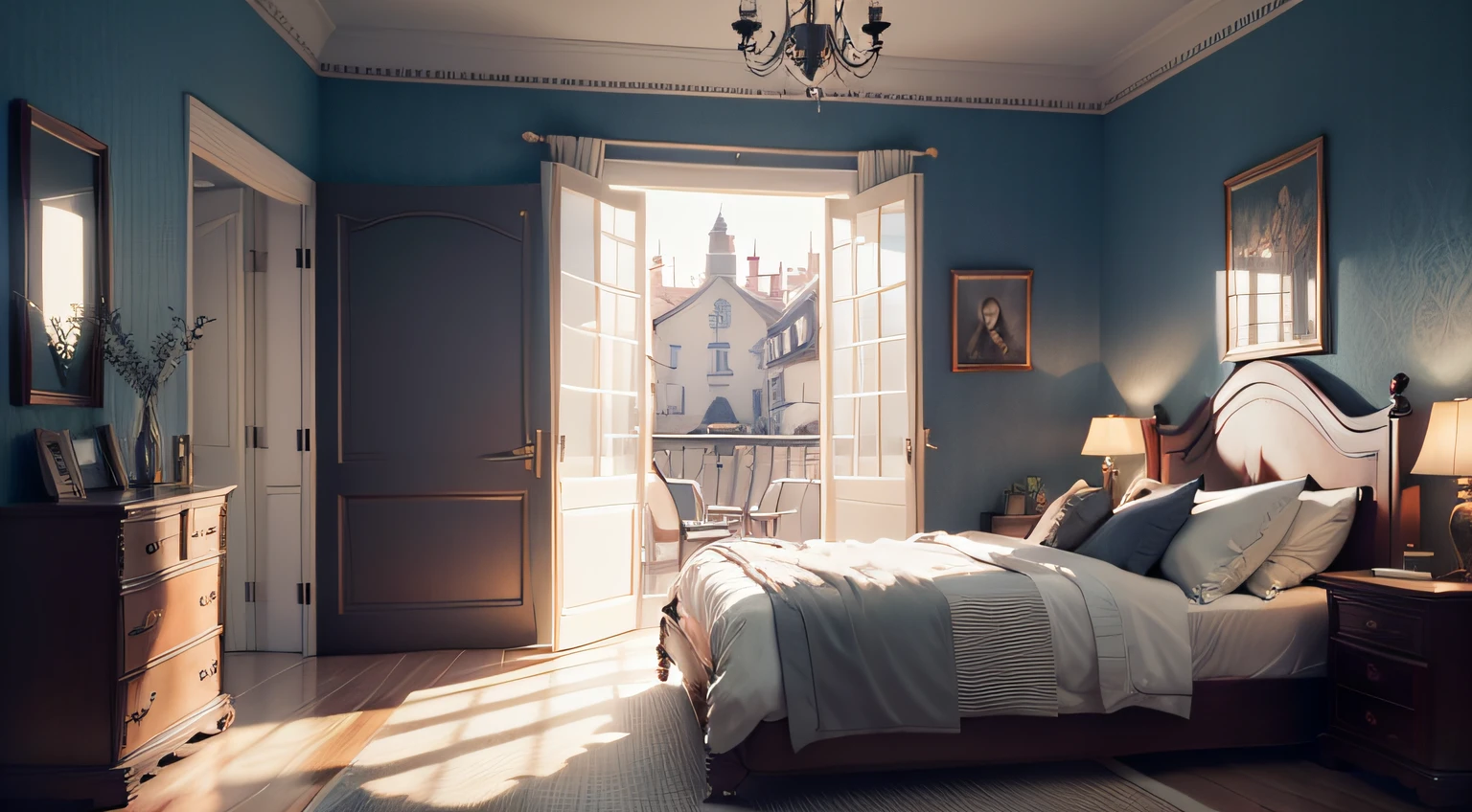 tmasterpiece，Best quality at best，Very detailed CG unity 8k wallpaper，The best illustration，The best shadow，There is a door that leads to the balcony，Second floor of the villa，sitting room，There is a bed，window，dimly lit，nightstand，wardrobe（1920s）， （English Town），（Particle effect）and other 3D，Octane rendering，Ray traching，Super refined --auto