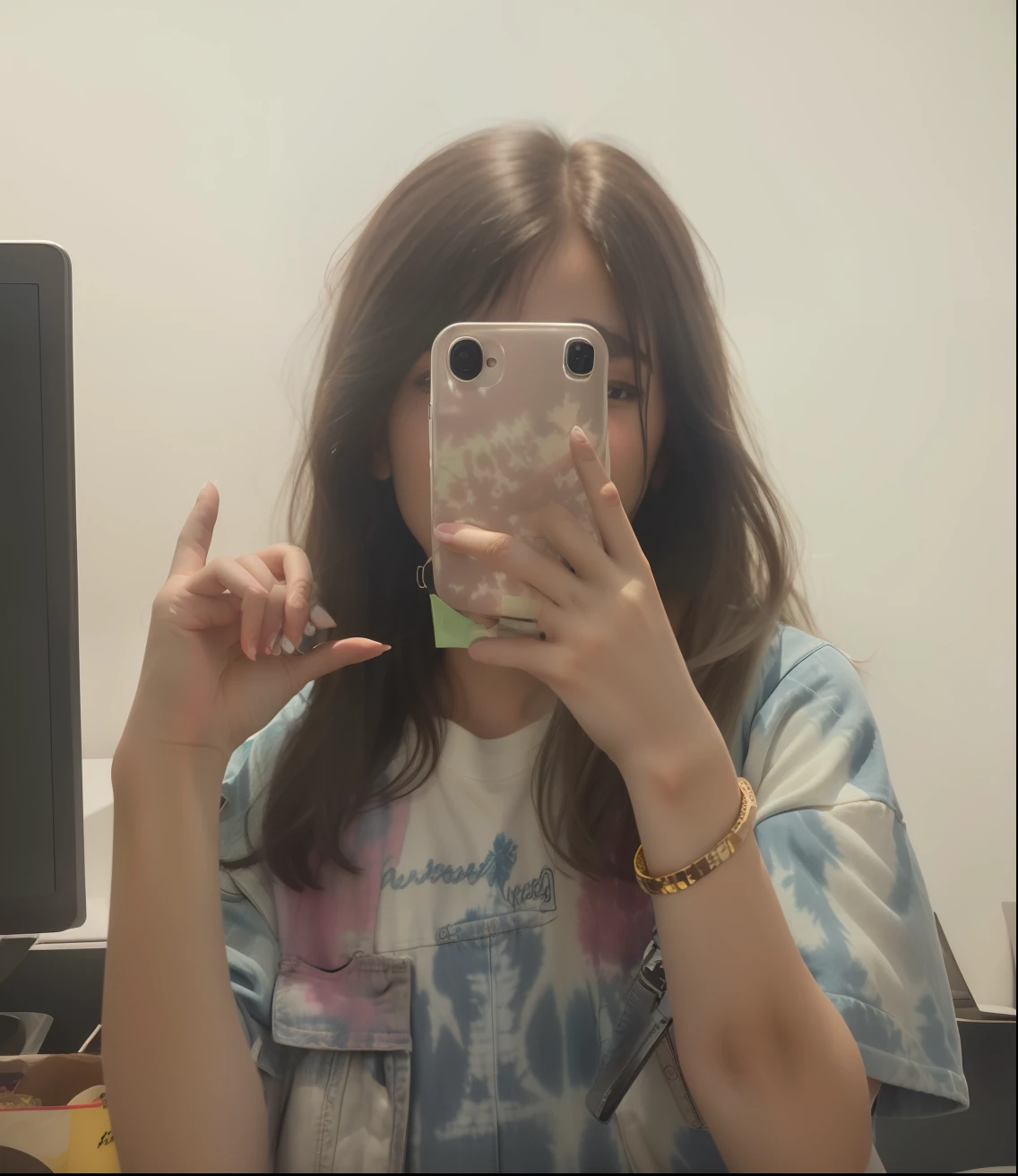 mulher arafed tirando uma selfie com um controle remoto, imagem de qualidade muito baixa, fotografia de baixa qualidade, 18 anos, 1 6 anos, foto de baixa qualidade, dessaturados!!, Telefone!! held up to visor, com cabelos longos, foto selfie, imagem frontal, foto da roupa, imagem granulada, vestindo uma camiseta tie-dye