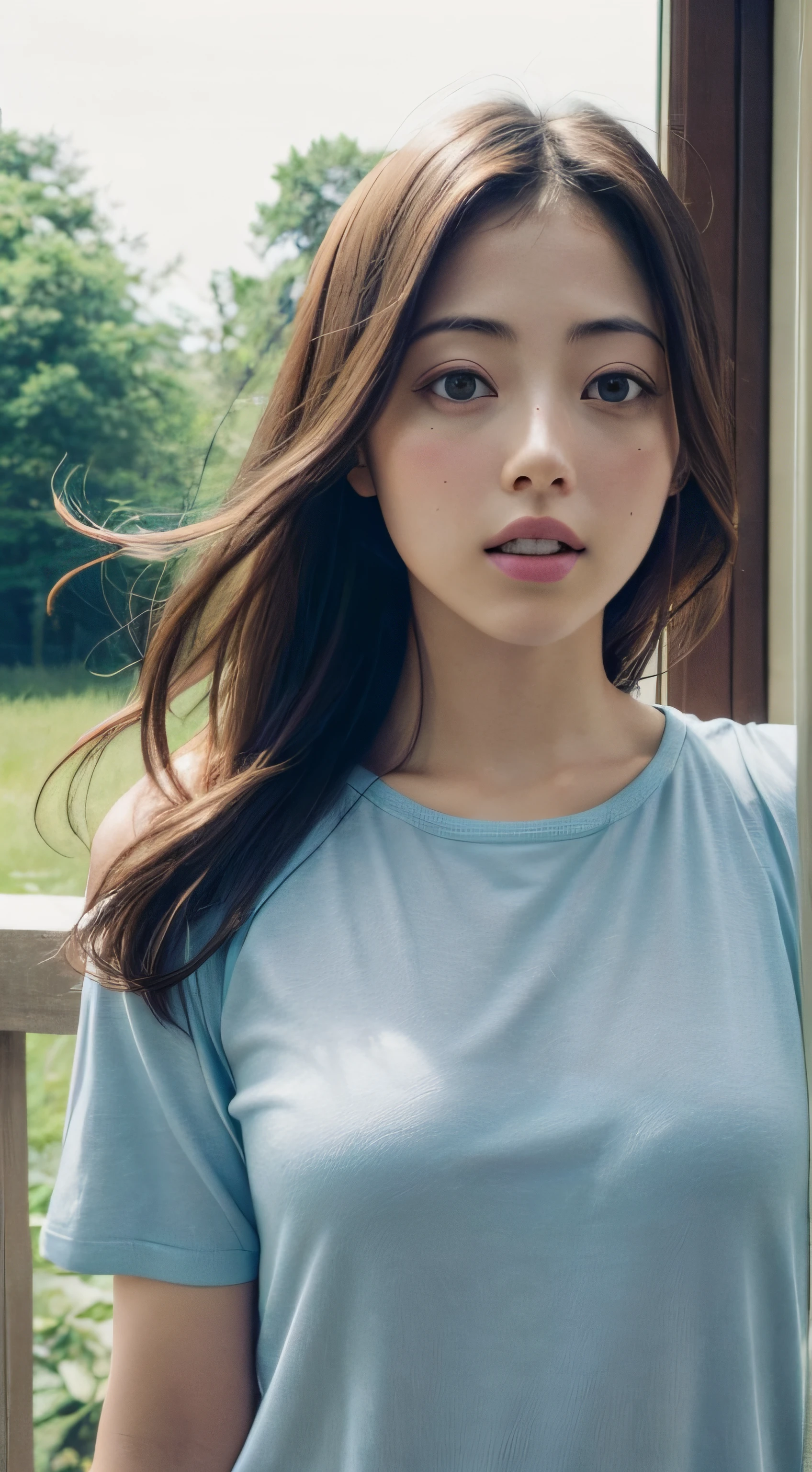 doress、(Photorealsitic:1.4)、(hyper realisitic:1.4)、(realisitic:1.3)、(Smooth lighting:1.05)、(Improved lighting quality in movies:0.9)、32K、1girl in、20 years girl、Realistic lighting、Back lighting、Facial light、raytrace、(brightened light:1.2)、(enhanced quality:1.4)、(Top quality real texture skins:1.4)、finely eye、finerly detailed face、Fine quality eye、(Tired, sleepy and satisfied:0.0)、 close up of face、tshirts、(enhance body line mood:1.1)、(Increase the beauty of skin texture:1.1)、((Satomi Ishihara))、