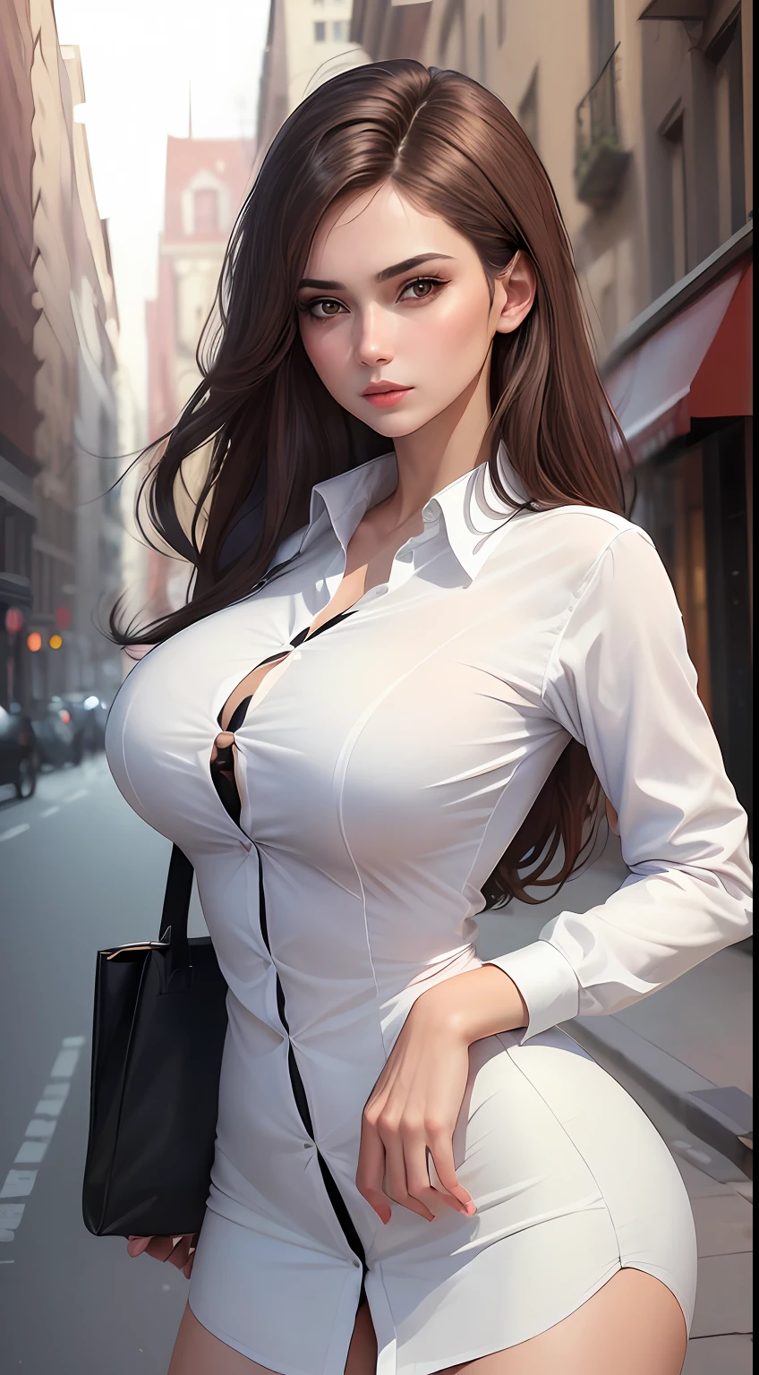 ((Best quality, 8k, Masterpiece :1.3)), Sharp focus :1.2, A pretty woman with perfect figure :1.4, Slender abs :1.2, ((Dark brown hair, Big breasts :1.2)), (White button up long shirt :1.1), City street:1.2, Highly detailed face and skin texture, Detailed eyes, Double eyelid