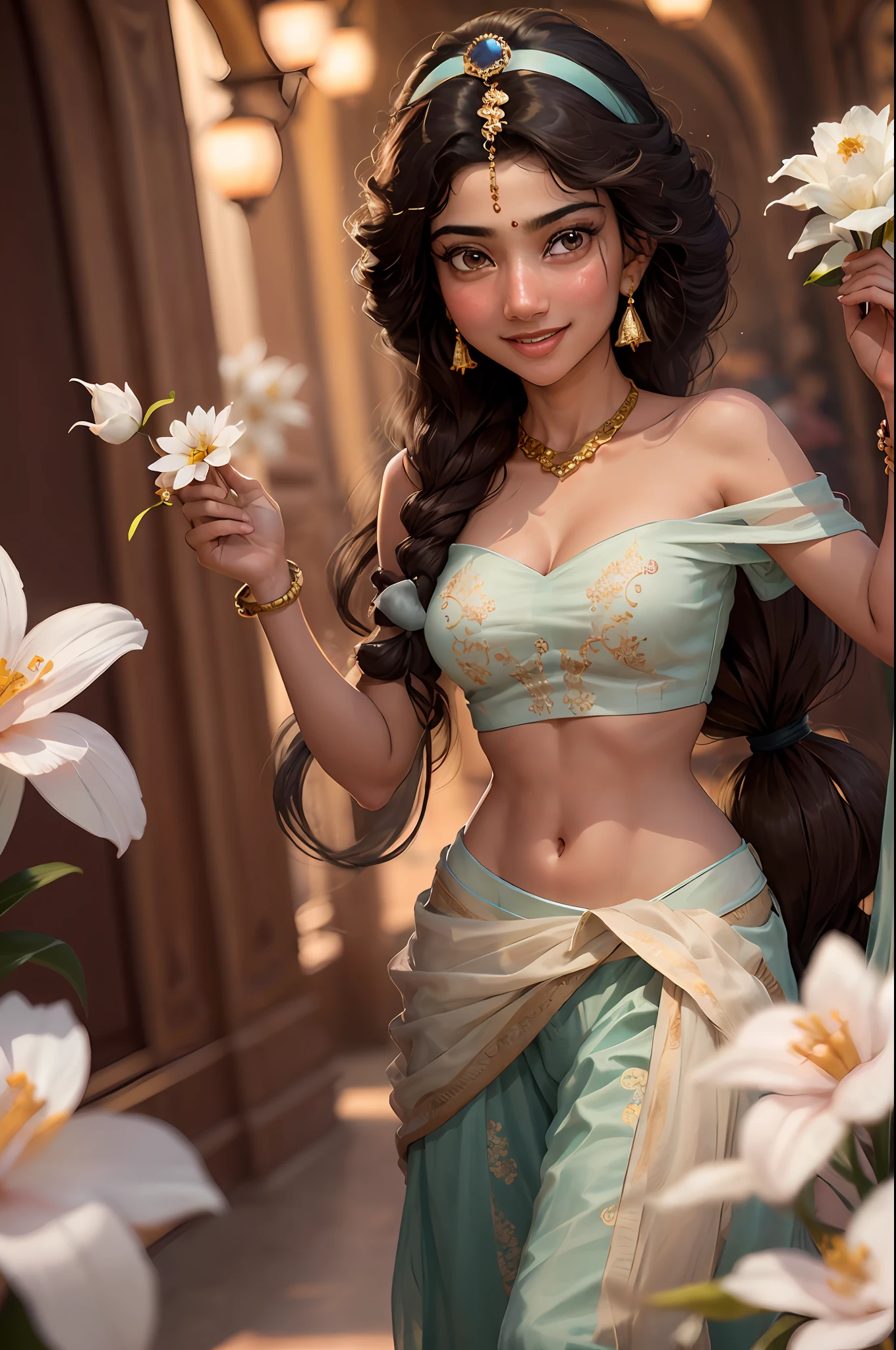 Jasmine, Sai pallavi  1girl, solo, breasts, smile, open mouth, navel, holding, bare shoulders, jewelry, flower, earrings, midriff, pants, necklace, off shoulder, bracelet, see-through, white flower, gem, off-shoulder shirt, holding flower, multi-tied hair, arabian clothes (realistic:1.2), (realism), (masterpiece:1.2), (best quality), (ultra detailed), (8k, 4k, intricate),(full-body-shot:1), (85mm),light particles, lighting, (highly detailed:1.2),(detailed face:1.2), (gradients), sfw, colorful,(detailed eyes:1.2)(detailed background),detailed landscape, (dynamic angle:1.2), (dynamic pose:1.2), (rule of third_composition:1.3), (Line of action:1.2)