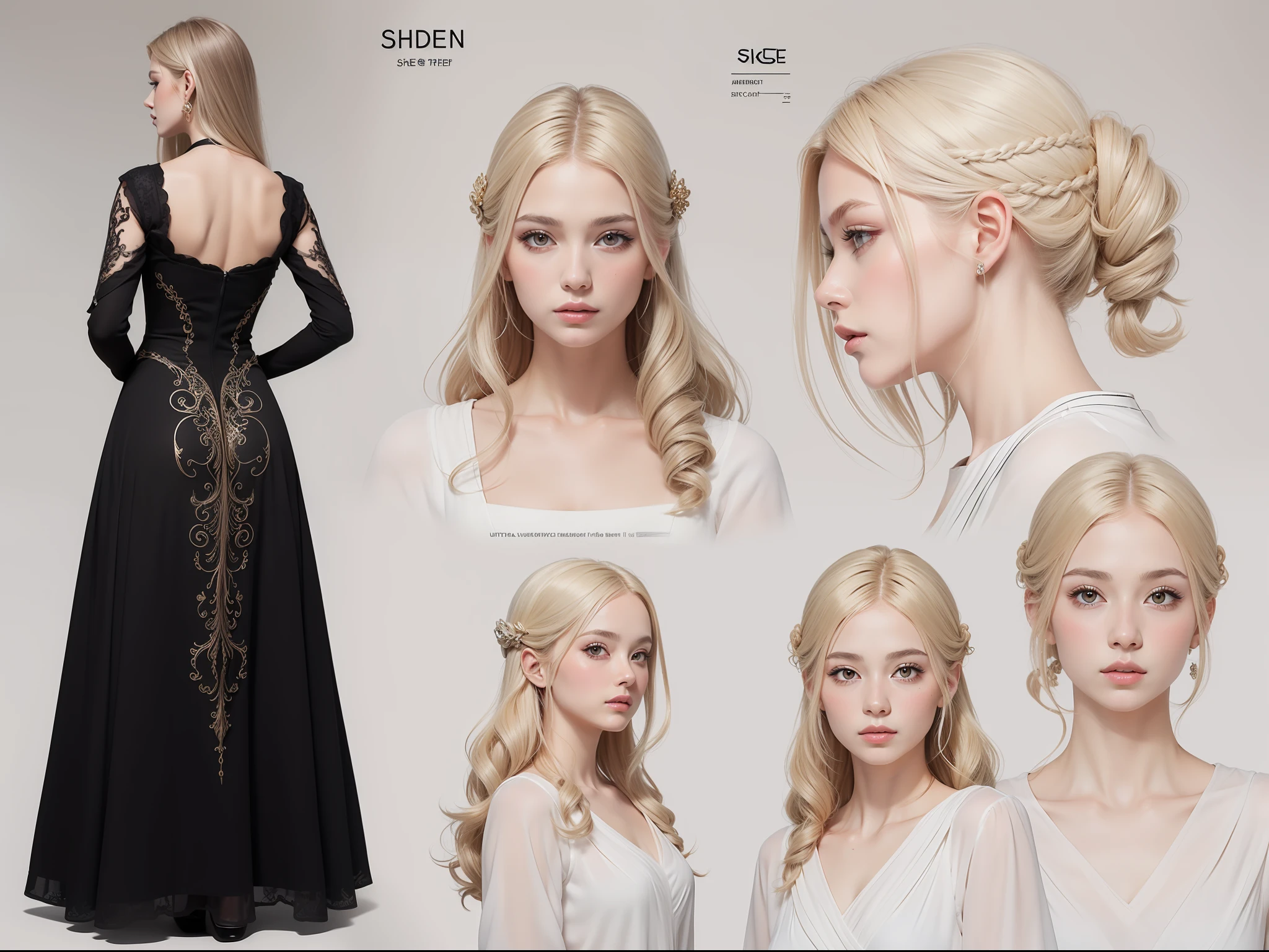 (masterpiece), ultra-detailed, 3 views, front view, side view , back view, different hairs design, ((A character sheet:1.4)) or reference sketch of a Goddess, Aphrodite goddess, with a colorful dress, long hair, black hair, ultra-realistic and sharp detail and intricate, intricate details, and style, simple background illustration